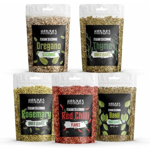 HARIBAS Seasonings Herbs & Spices Thyme, Basil, Chilli Flakes, Oregano & Rosemary 20gm Each | Mixed Herbs Seasonings