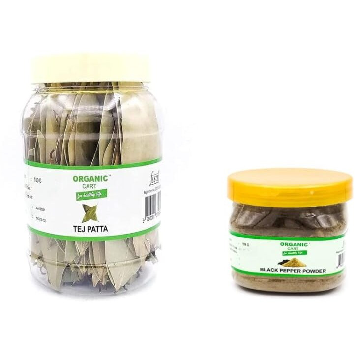 Organic Cart Combo of 100 Gram Tej Patta | Bay Leaves and Black Paper Powder 50 Gram (150 Gram)