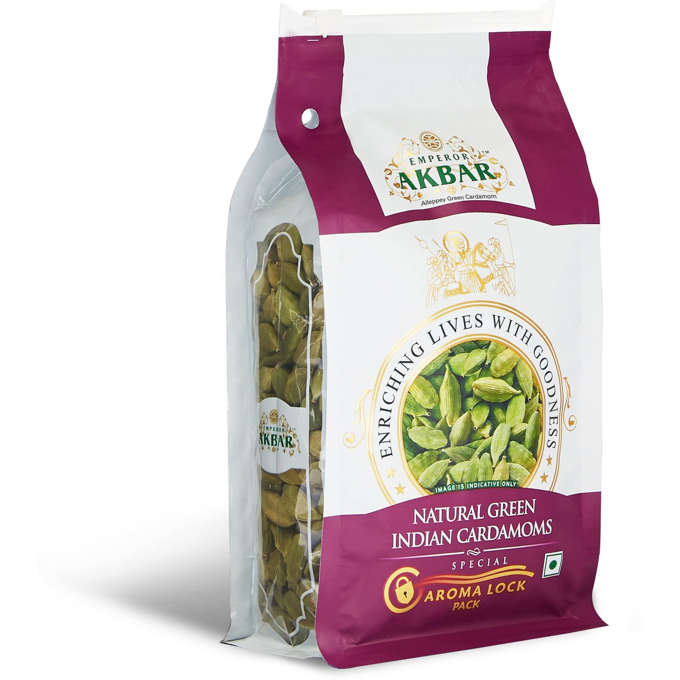 Emperor Akbar Cardamom (Elaichi)- 250g - Green Cardamom in Superior Aroma-lock Pack (Purple Grade - 8mm above)