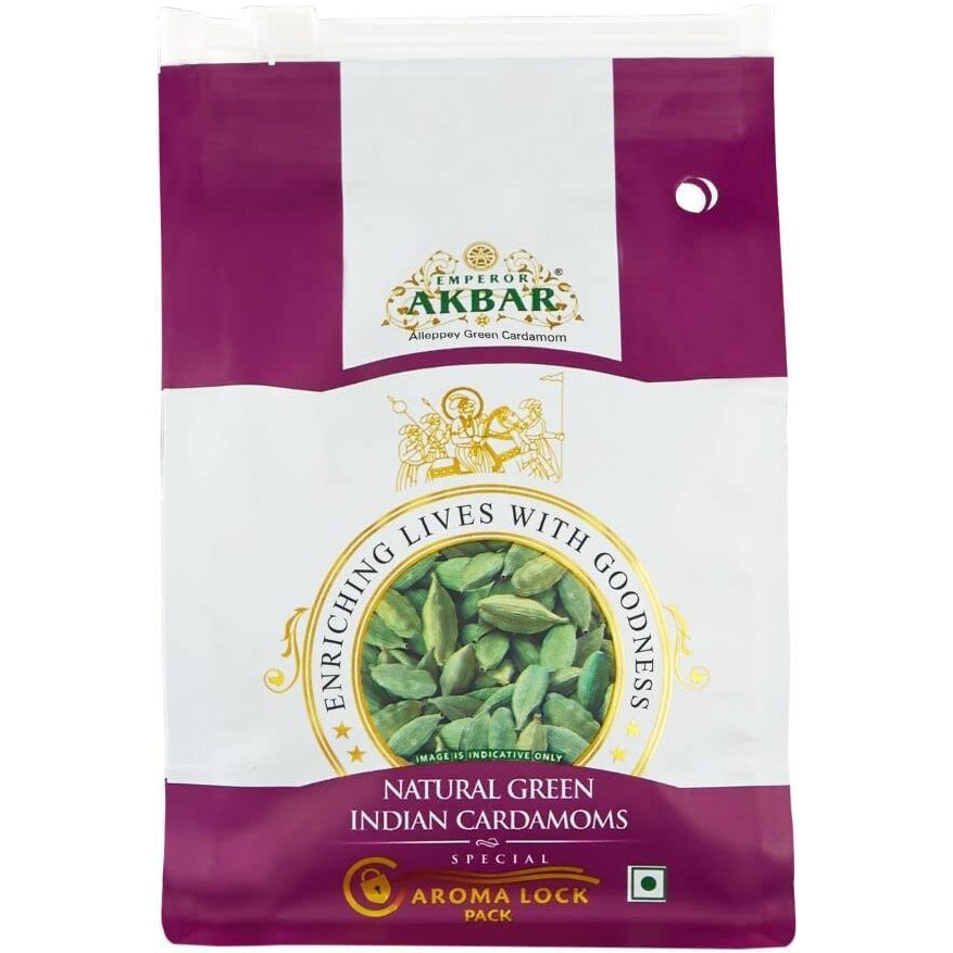 Emperor Akbar Whole Cardamom (Elaichi)- 100Gram - Green Cardamom In Superior Aroma-Lock Pack (Purple Grade - 8Mm Above)