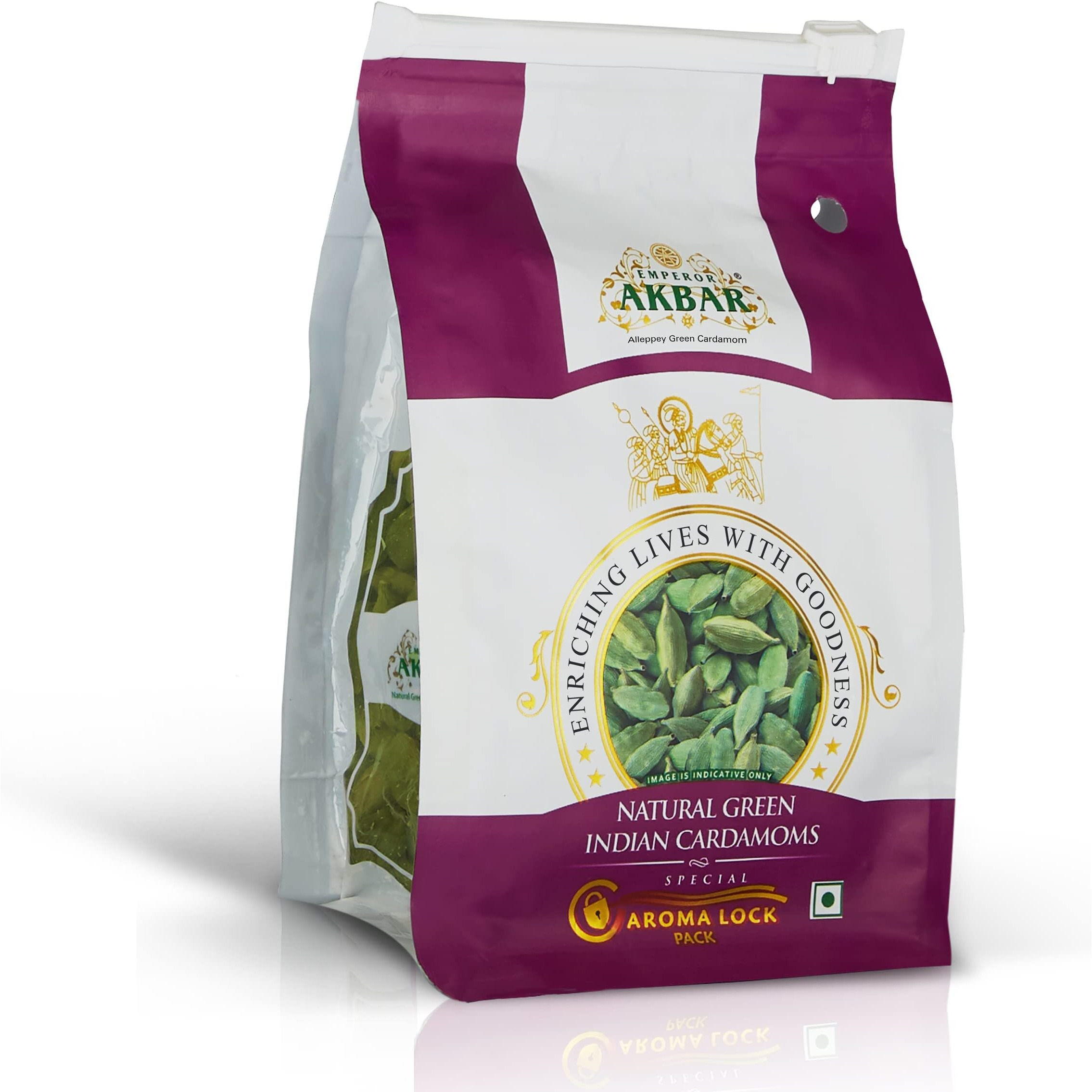Emperor Akbar Whole Cardamom (Elaichi)- 100Gram - Green Cardamom In Superior Aroma-Lock Pack (Purple Grade - 8Mm Above)