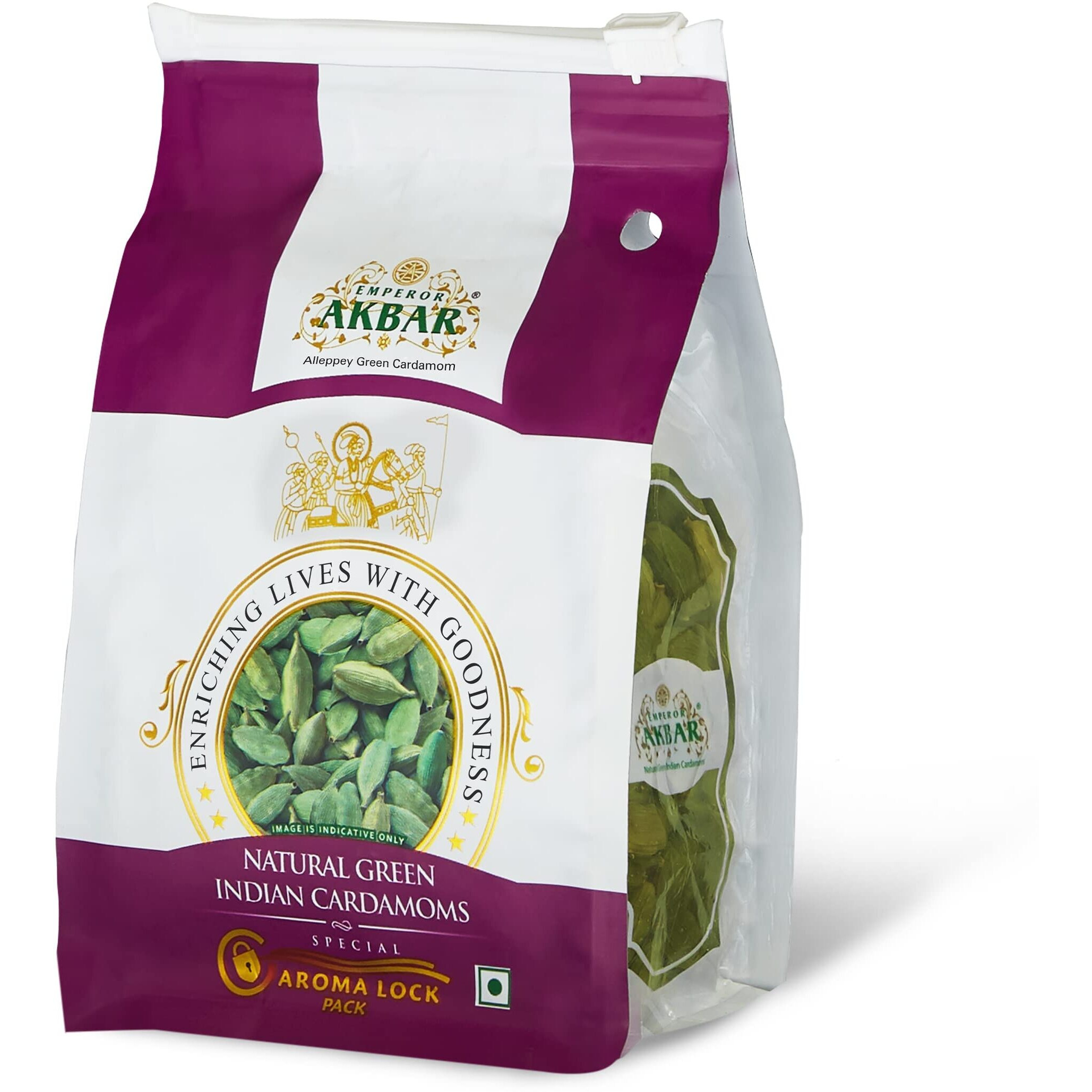 Emperor Akbar Whole Cardamom (Elaichi)- 100Gram - Green Cardamom In Superior Aroma-Lock Pack (Purple Grade - 8Mm Above)