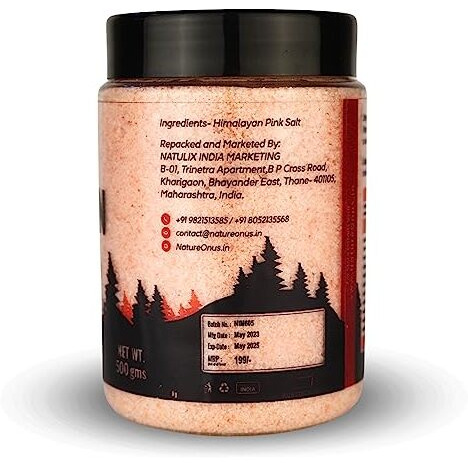 NatureOnus Himalayan Pink Rock Salt 500g | Nutrients and Minerals Rich | Gourmet Grade from Himalayas | No Additives, Unrefined | Natural Substitute of Iodised (Pink Salt in Jar Packing)