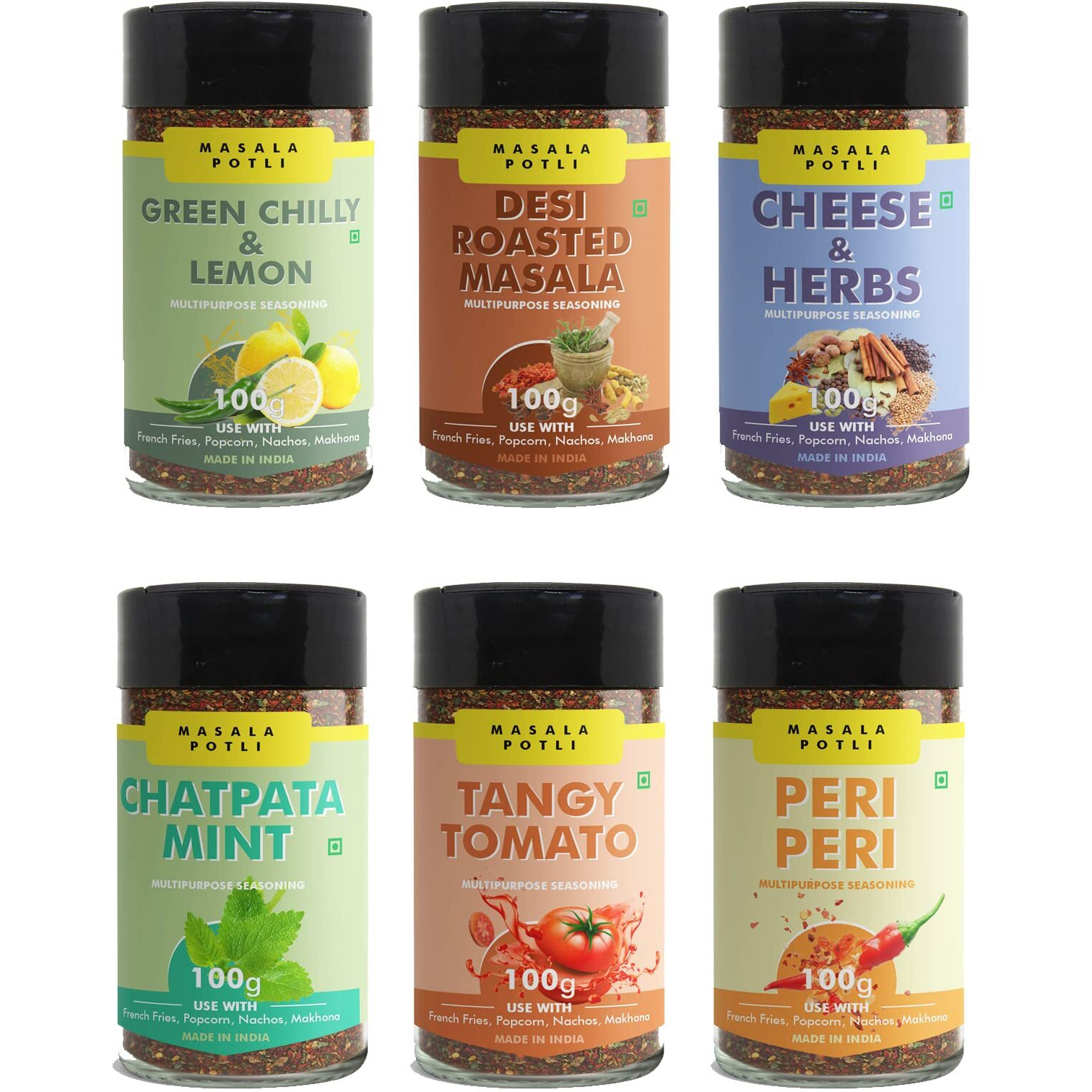MASALA POTLI Multi Purpose Popcorn, French Fries, Nachos, Makhana (Gorgon Nuts) 6 Flavour Seasoning Pack [Green Chilly & Lemon, Cheese & Herbs, Tangy Tomato, Chapata Mint, Desi Roasted, Peri Peri]