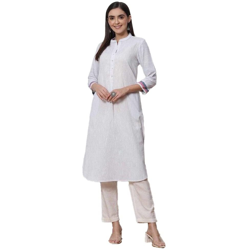 BIBA Yarndyed Band Collar Flared Womens Kurta (Multi,Size_42) Pink