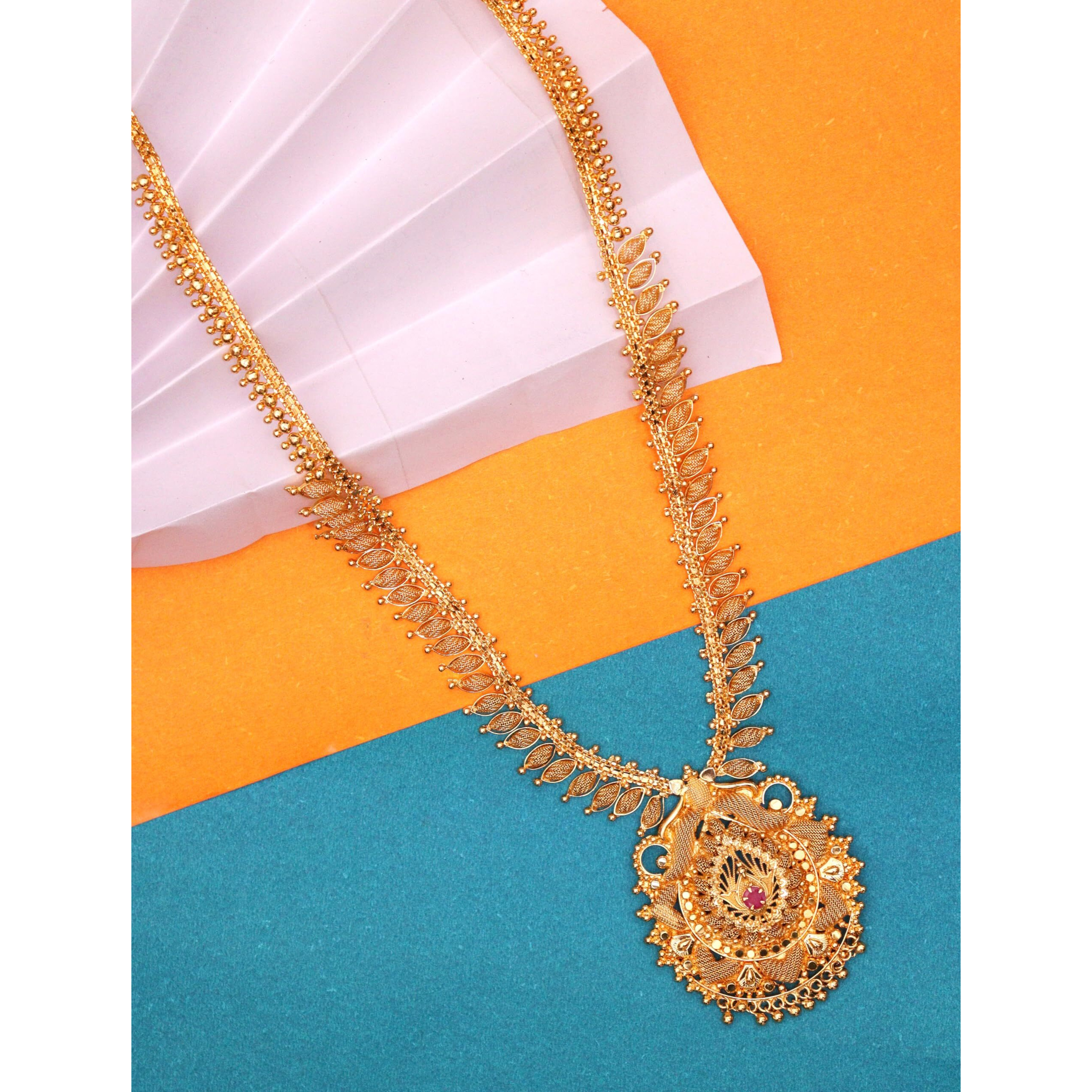 CUTE GOLD One Gram Micro Gold Plated Traditional South Indian Fashion Jewellery Stylish Ruby Emrald Stone Long Haram Set for Women & Girls