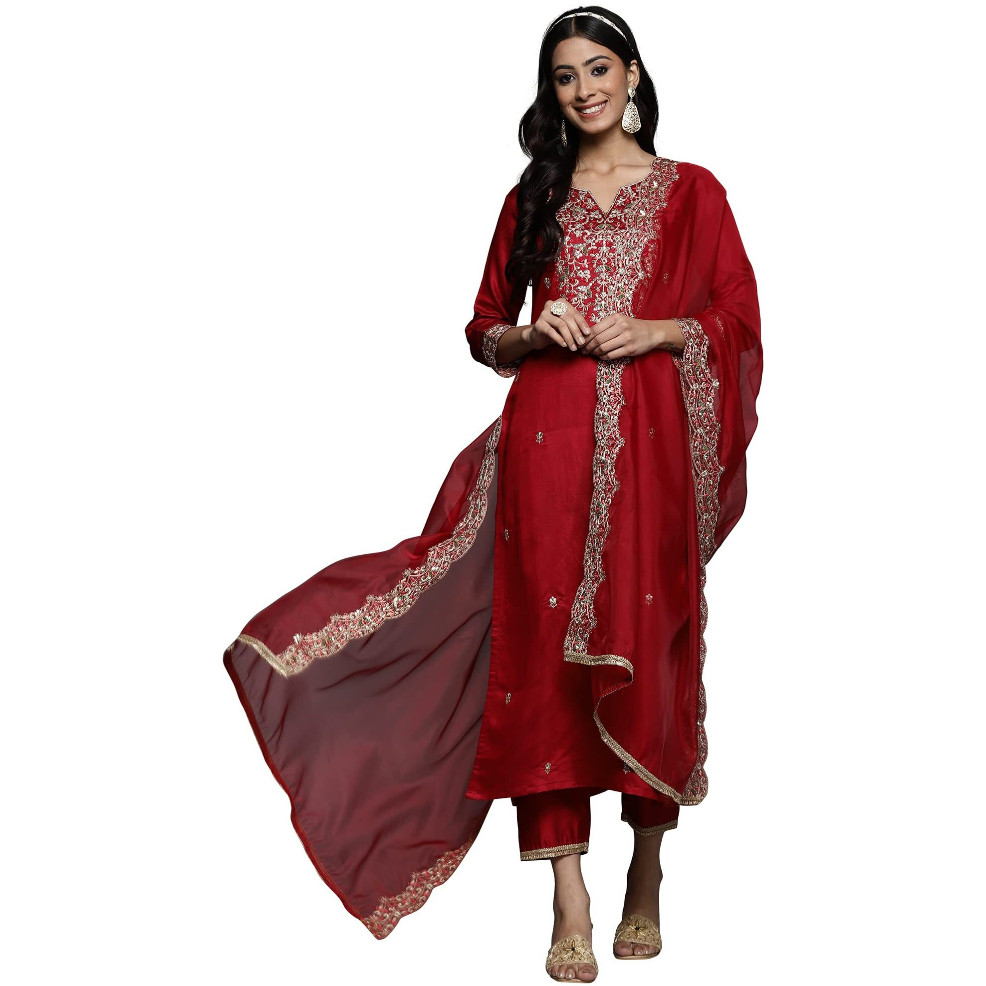 INDO ERA Women's Viscose Embroidered Straight Kurta With Palazzo Dupatta Set (KH9RD4697_Red_Large)