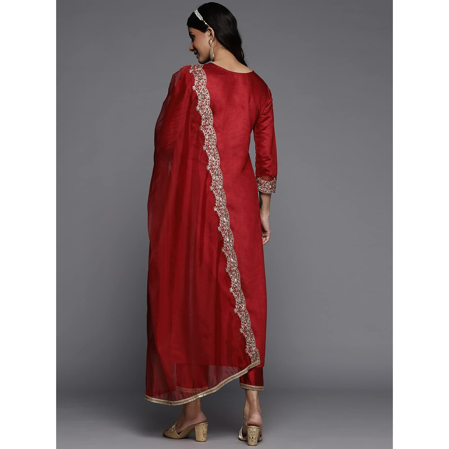 INDO ERA Women's Viscose Embroidered Straight Kurta With Palazzo Dupatta Set (KH9RD4697_Red_Large)
