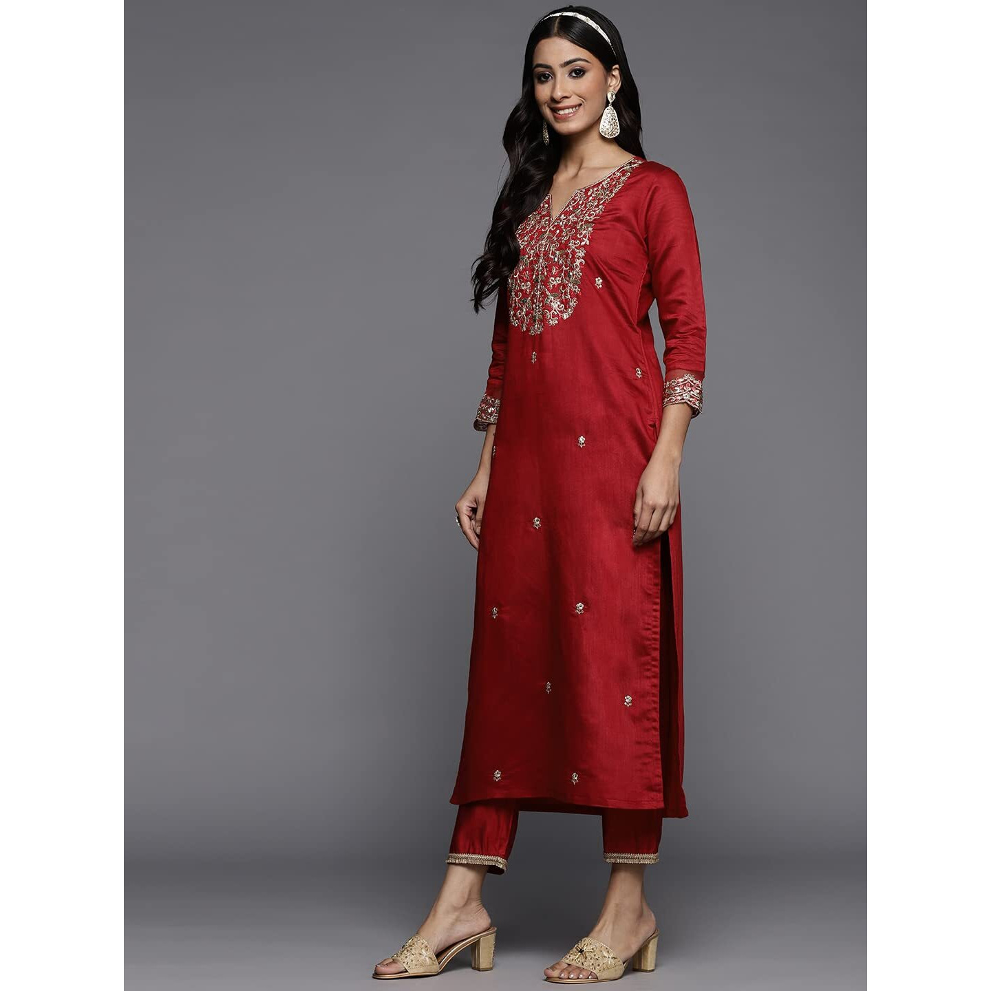 INDO ERA Women's Viscose Embroidered Straight Kurta With Palazzo Dupatta Set (KH9RD4697_Red_Large)