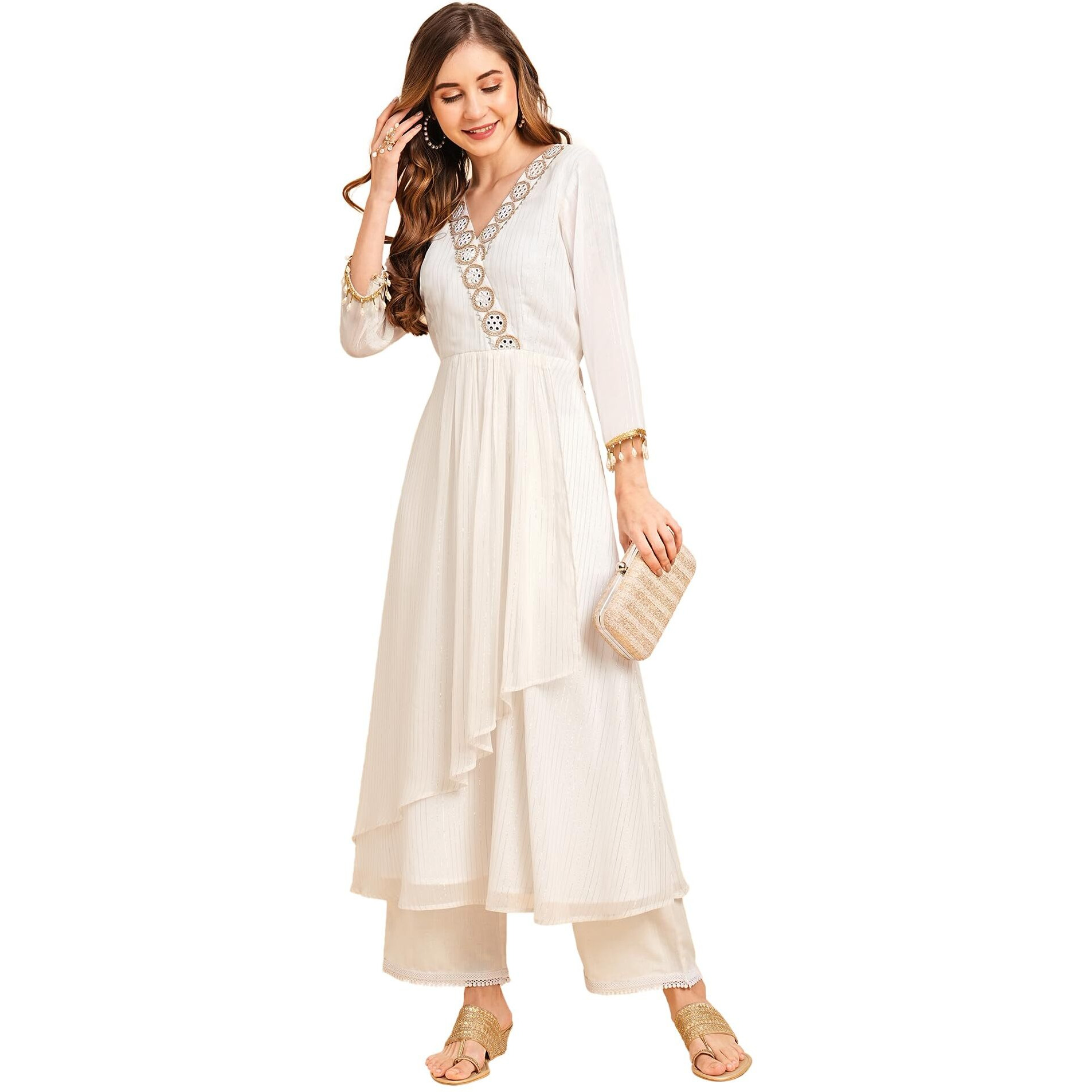 RATAN Women's Georgette Lurex Layered Ethnic Wear Kurta (SNW-7506-L_White)