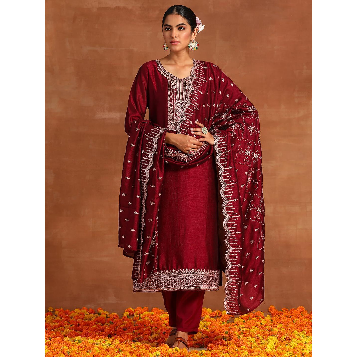 INDO ERA Women's Maroon Embroidered Straight Kurta & Pant with Dupatta Set (IEOUT7215_Medium)