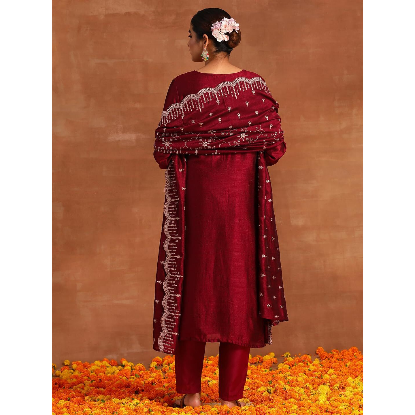 INDO ERA Women's Maroon Embroidered Straight Kurta & Pant with Dupatta Set (IEOUT7215_Medium)
