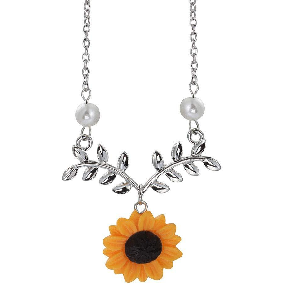 5PCS Sunflower Faux Pearl Leaf Chain Resin Boho Petal Pendant Necklace with Sunflower Bracelet Earrings Ring for Women Jewelry Accessories (Silver)