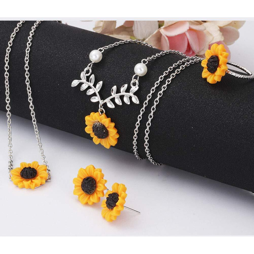 5PCS Sunflower Faux Pearl Leaf Chain Resin Boho Petal Pendant Necklace with Sunflower Bracelet Earrings Ring for Women Jewelry Accessories (Silver)