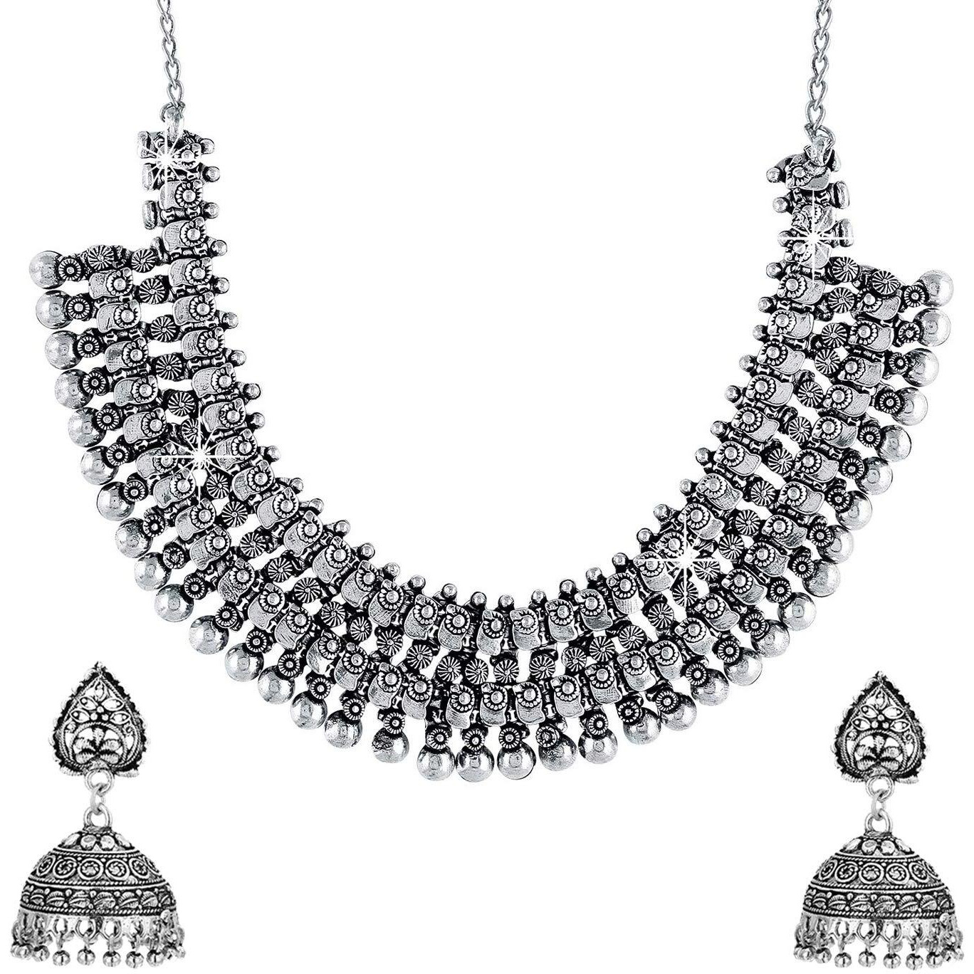 Yellow Chimes Jewellery Set for Women and Girls Traditional Silver Oxidised Jewellery Set Silver Necklace Set for Women | Kohlapuri Tribal Oxidized Choker Necklace Set | Birthday Gift For Girls and Women Anniversary Gift for Wife