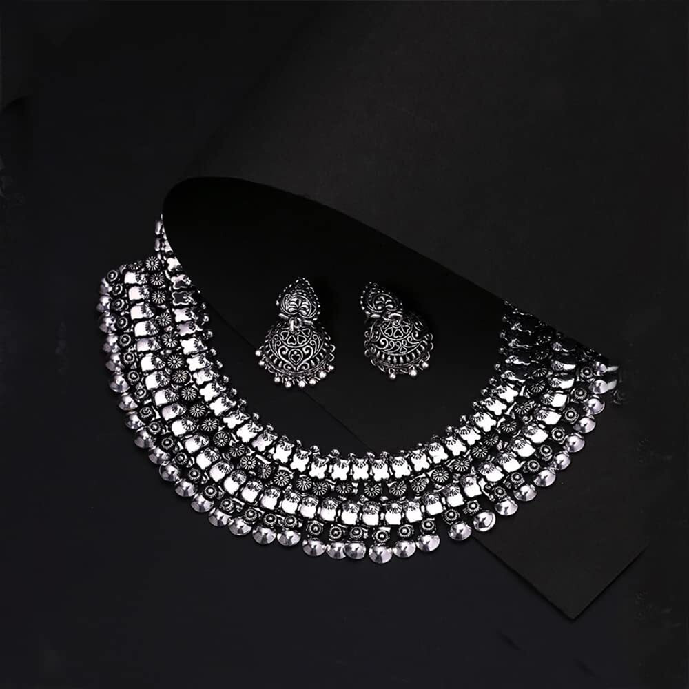 Yellow Chimes Jewellery Set for Women and Girls Traditional Silver Oxidised Jewellery Set Silver Necklace Set for Women | Kohlapuri Tribal Oxidized Choker Necklace Set | Birthday Gift For Girls and Women Anniversary Gift for Wife