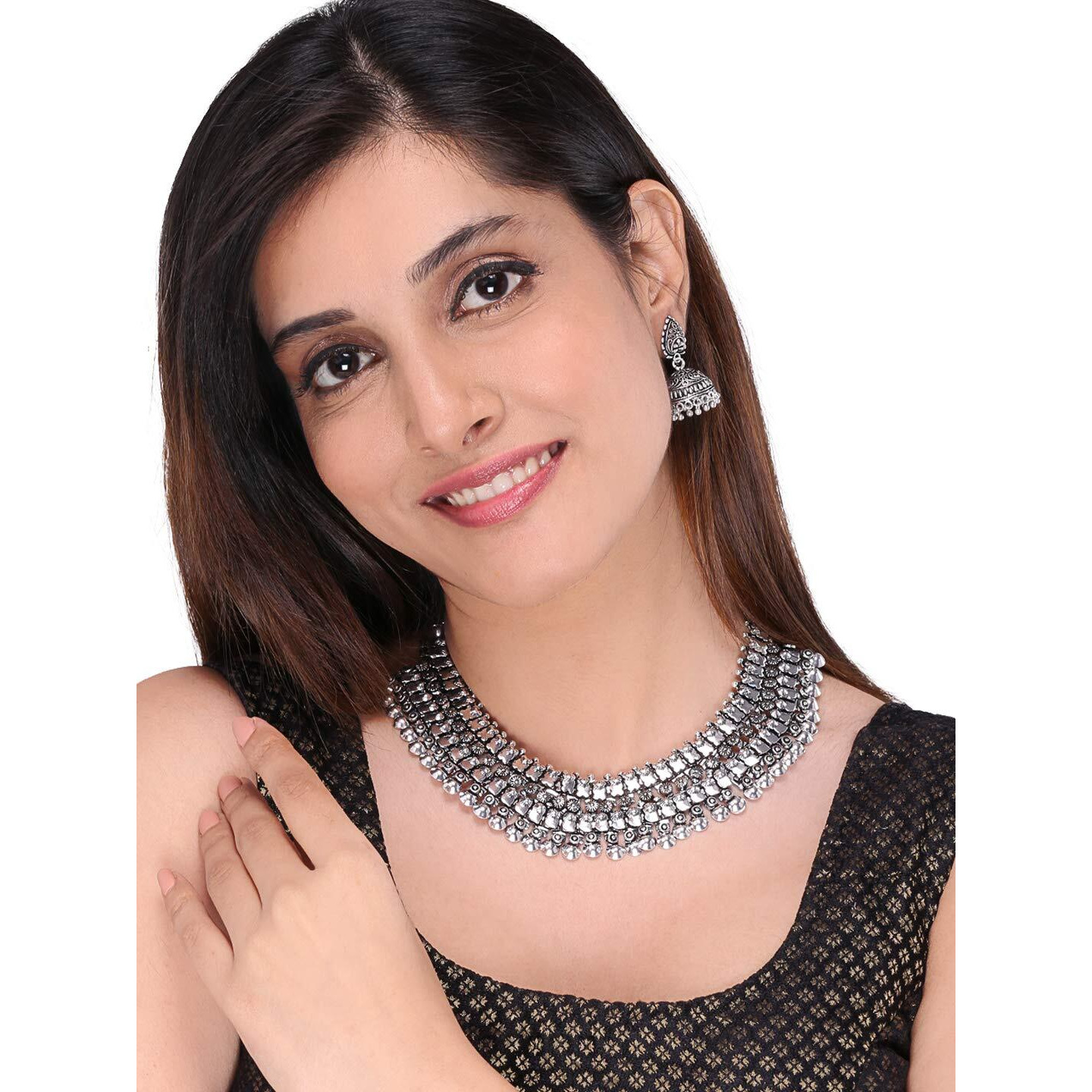 Yellow Chimes Jewellery Set for Women and Girls Traditional Silver Oxidised Jewellery Set Silver Necklace Set for Women | Kohlapuri Tribal Oxidized Choker Necklace Set | Birthday Gift For Girls and Women Anniversary Gift for Wife