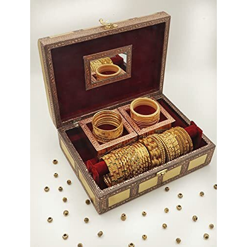 ZAPEX Wooden Jewellery Organizer Multi Purpose Box/Bangle Box/Wedding Gift Box, Vanity Box, Valentine Day Gift Vanity Box (Jewellery Box, Golden)