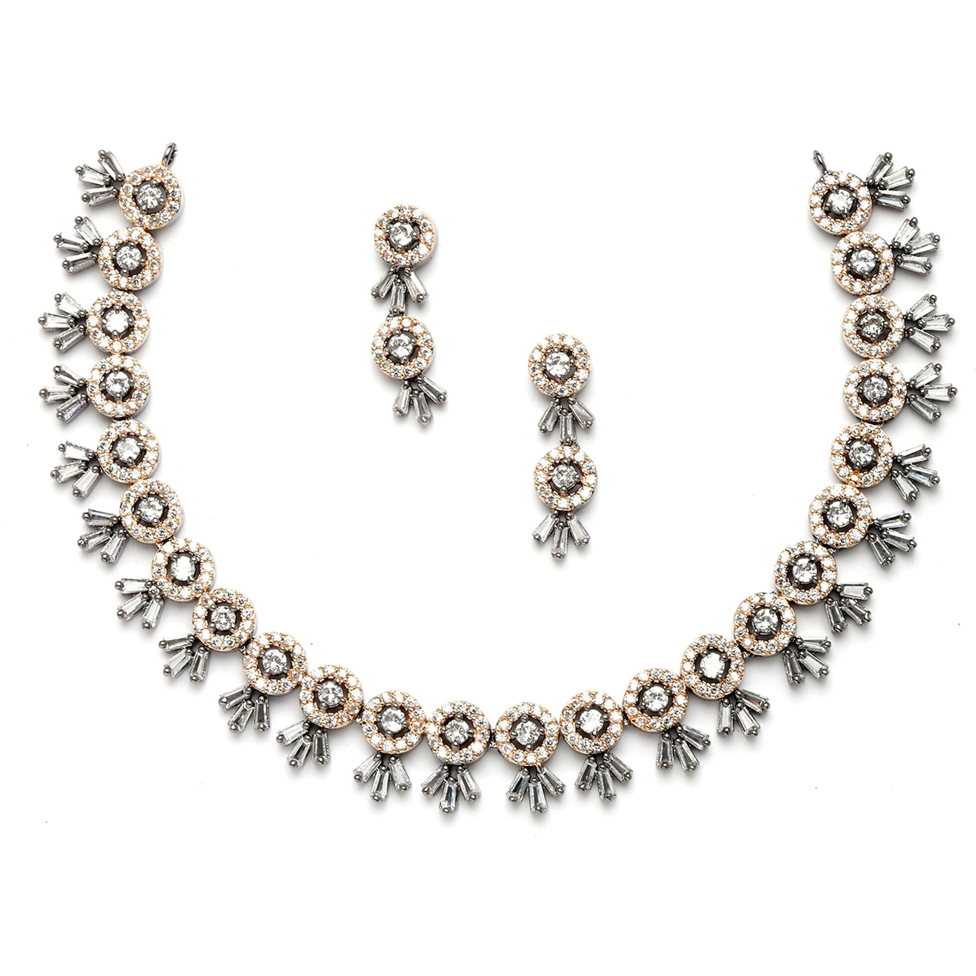 ZENEME Women American Diamond Studded Necklace With Earring Detailing Jewellery Set For Women and Girl (Black Rose Gold)