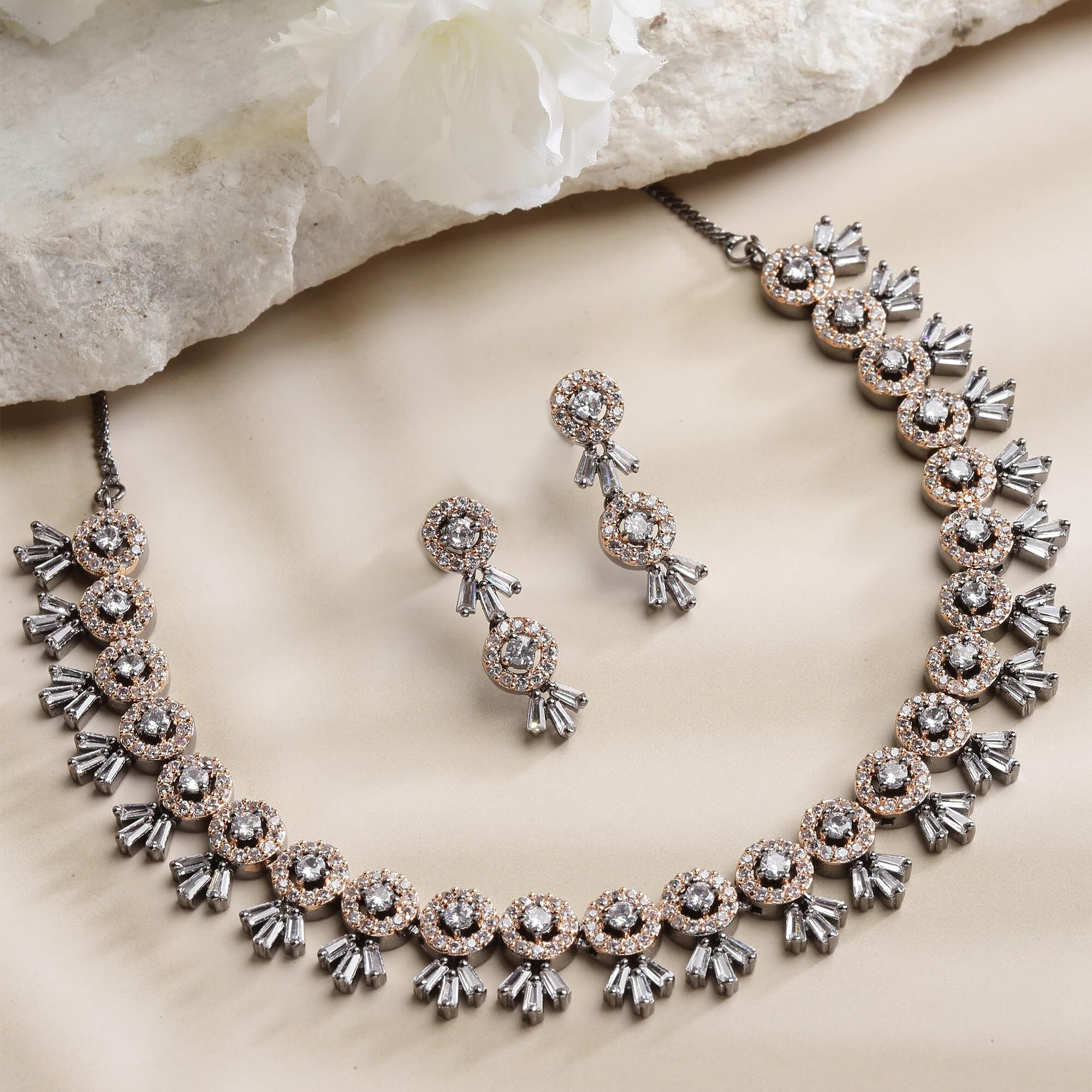 ZENEME Women American Diamond Studded Necklace With Earring Detailing Jewellery Set For Women and Girl (Black Rose Gold)
