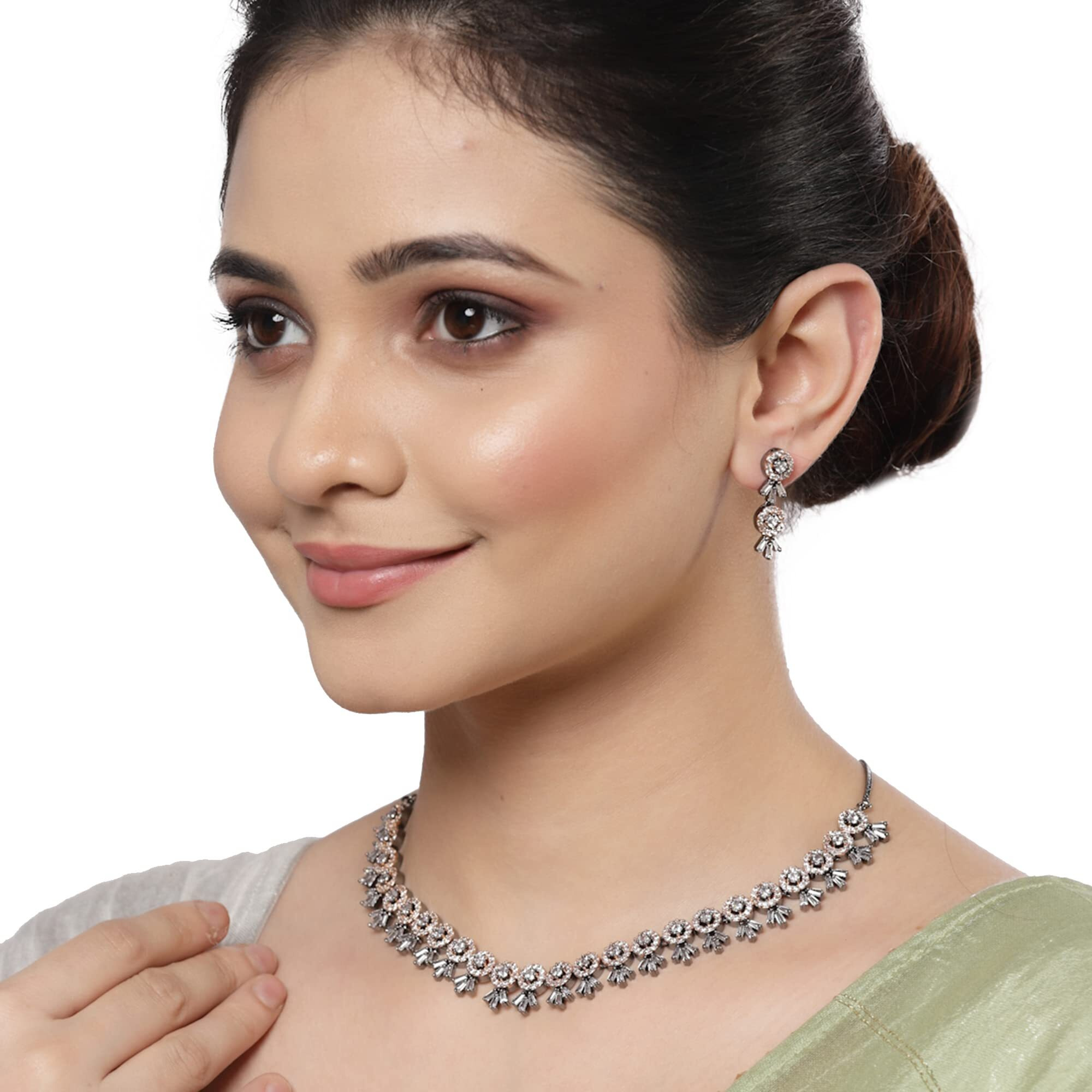 ZENEME Women American Diamond Studded Necklace With Earring Detailing Jewellery Set For Women and Girl (Black Rose Gold)