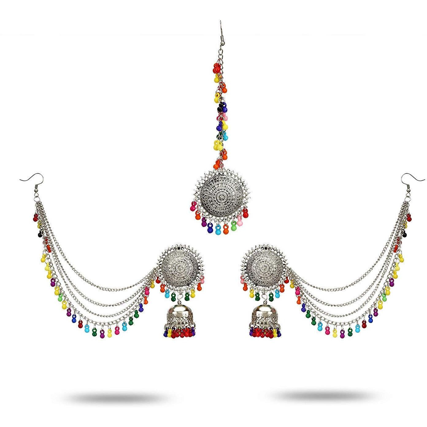 Shining Diva Fashion Latest Oxidised Silver Antique Design Stylish Traditional Maang Tikka Jhumka Earrings Jewellery Set for Girls (Multicolor) (12007s)