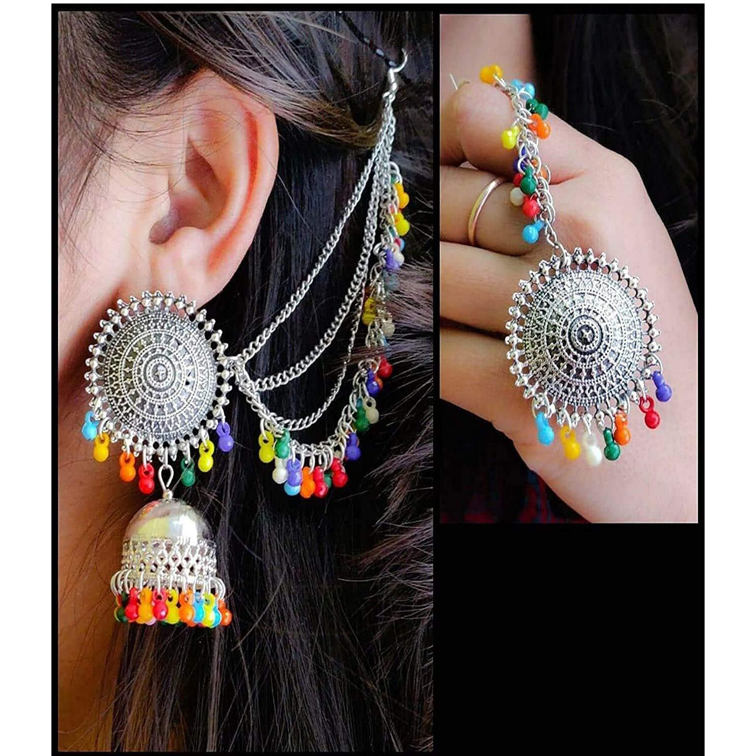 Shining Diva Fashion Latest Oxidised Silver Antique Design Stylish Traditional Maang Tikka Jhumka Earrings Jewellery Set for Girls (Multicolor) (12007s)
