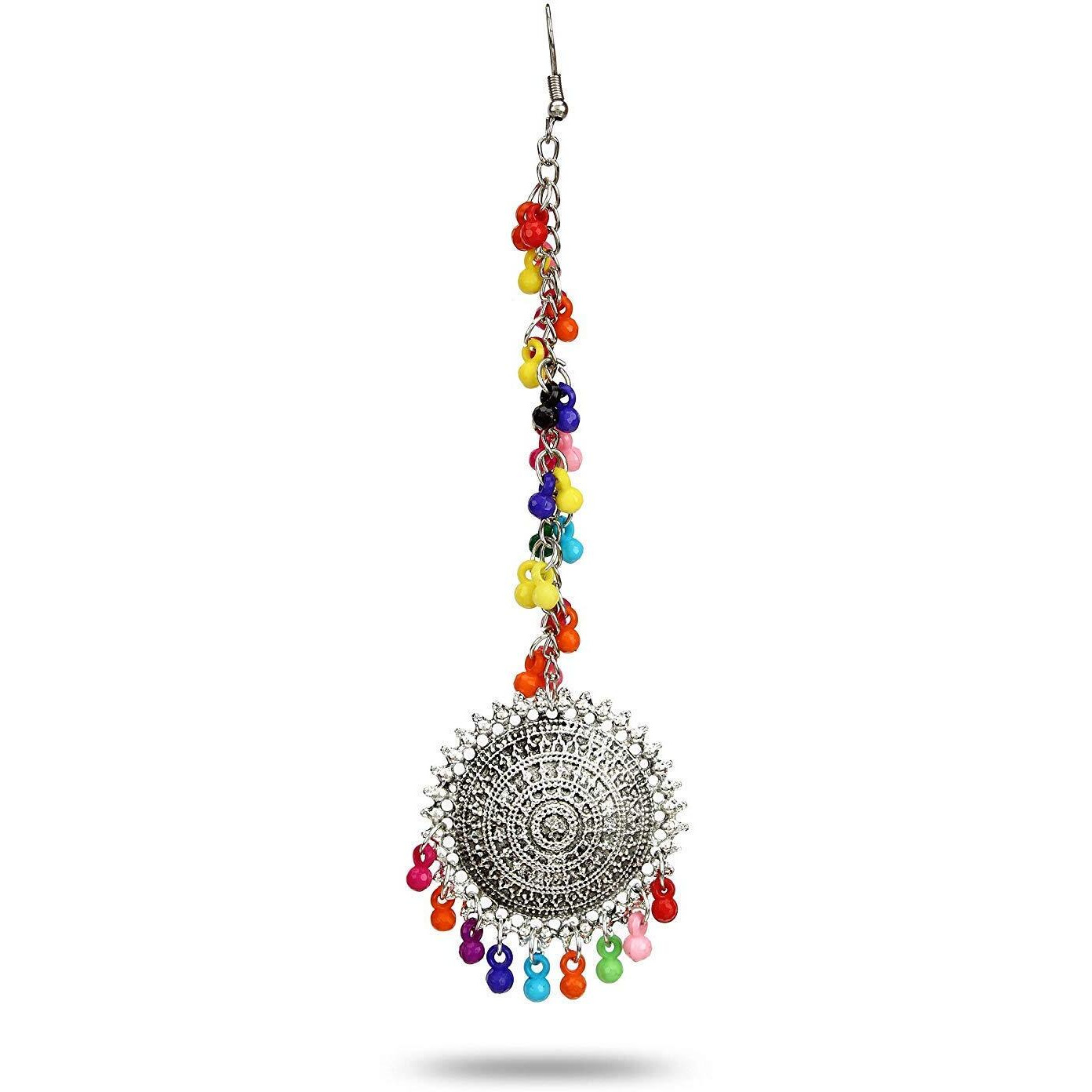 Shining Diva Fashion Latest Oxidised Silver Antique Design Stylish Traditional Maang Tikka Jhumka Earrings Jewellery Set for Girls (Multicolor) (12007s)