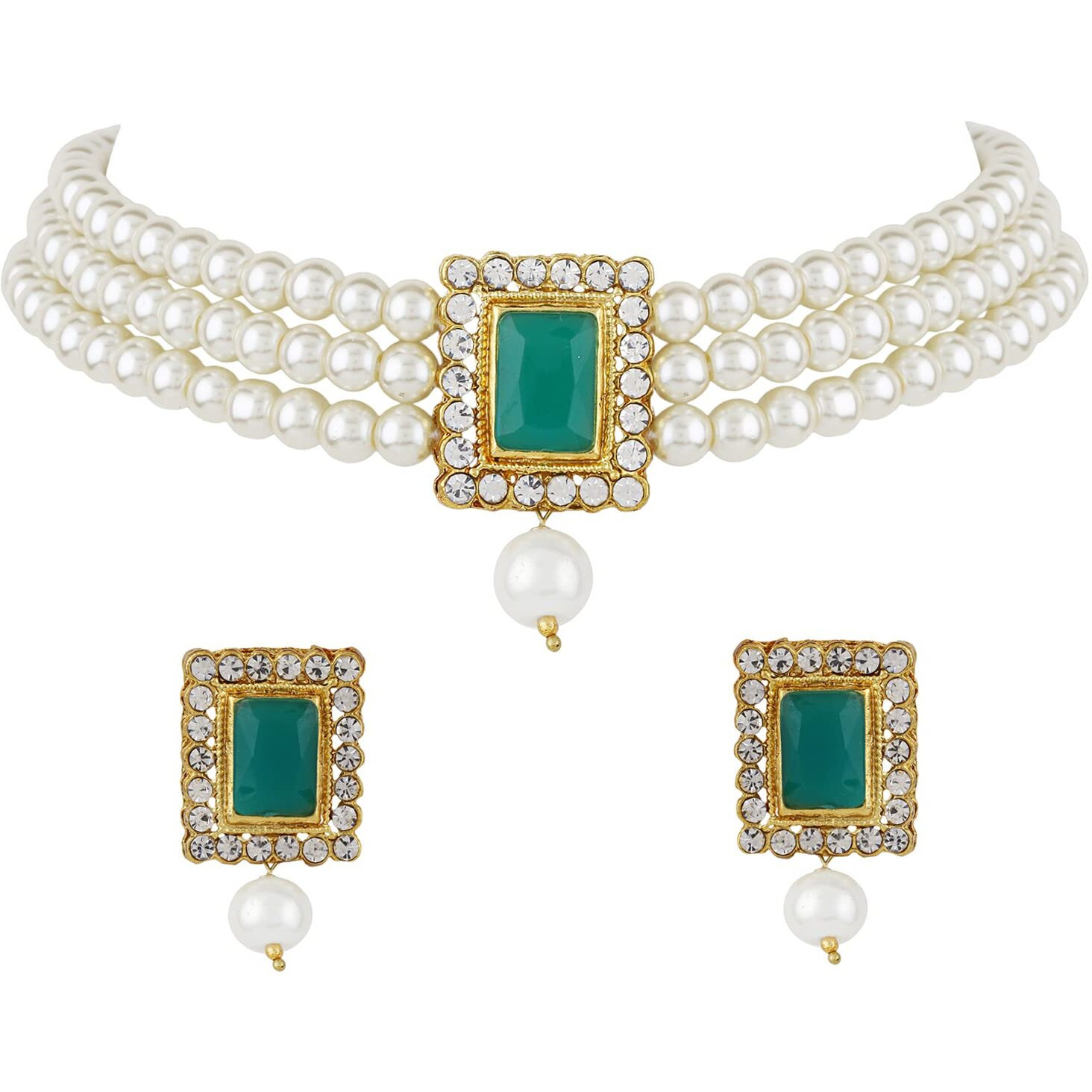 Shining Diva Fashion Latest Stylish Choker Traditional Pearl Necklace Jewellery Set for Women (Green)(A12286s), One