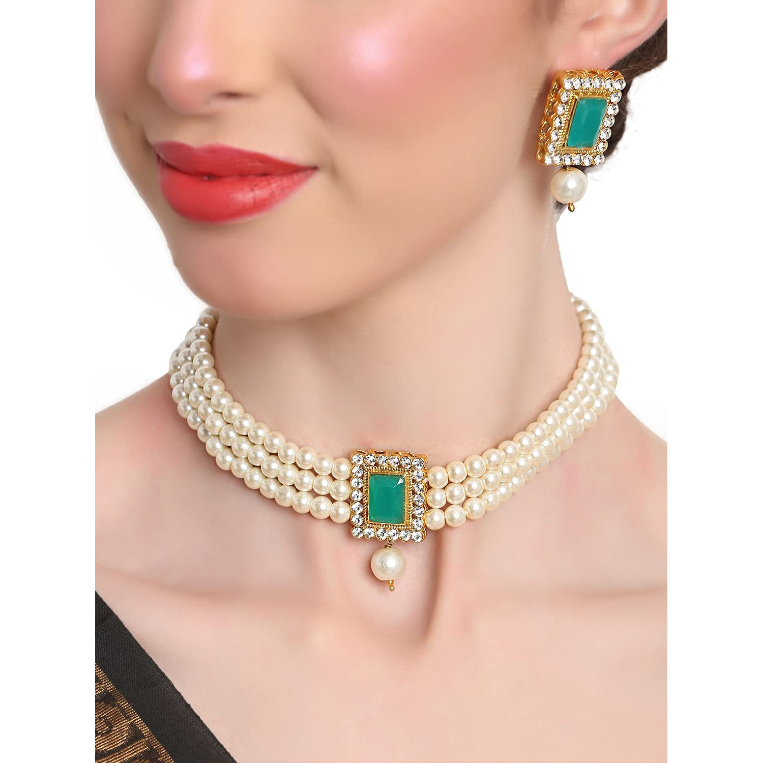 Shining Diva Fashion Latest Stylish Choker Traditional Pearl Necklace Jewellery Set for Women (Green)(A12286s), One