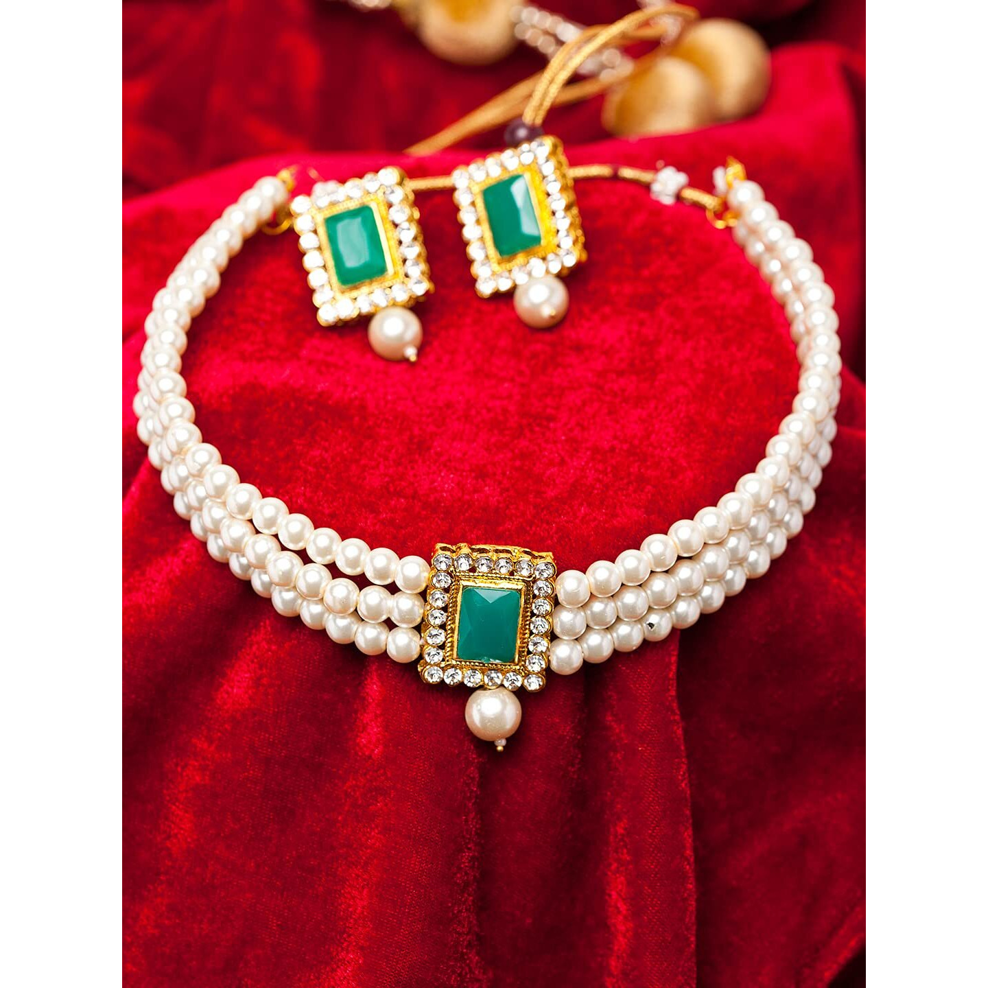 Shining Diva Fashion Latest Stylish Choker Traditional Pearl Necklace Jewellery Set for Women (Green)(A12286s), One