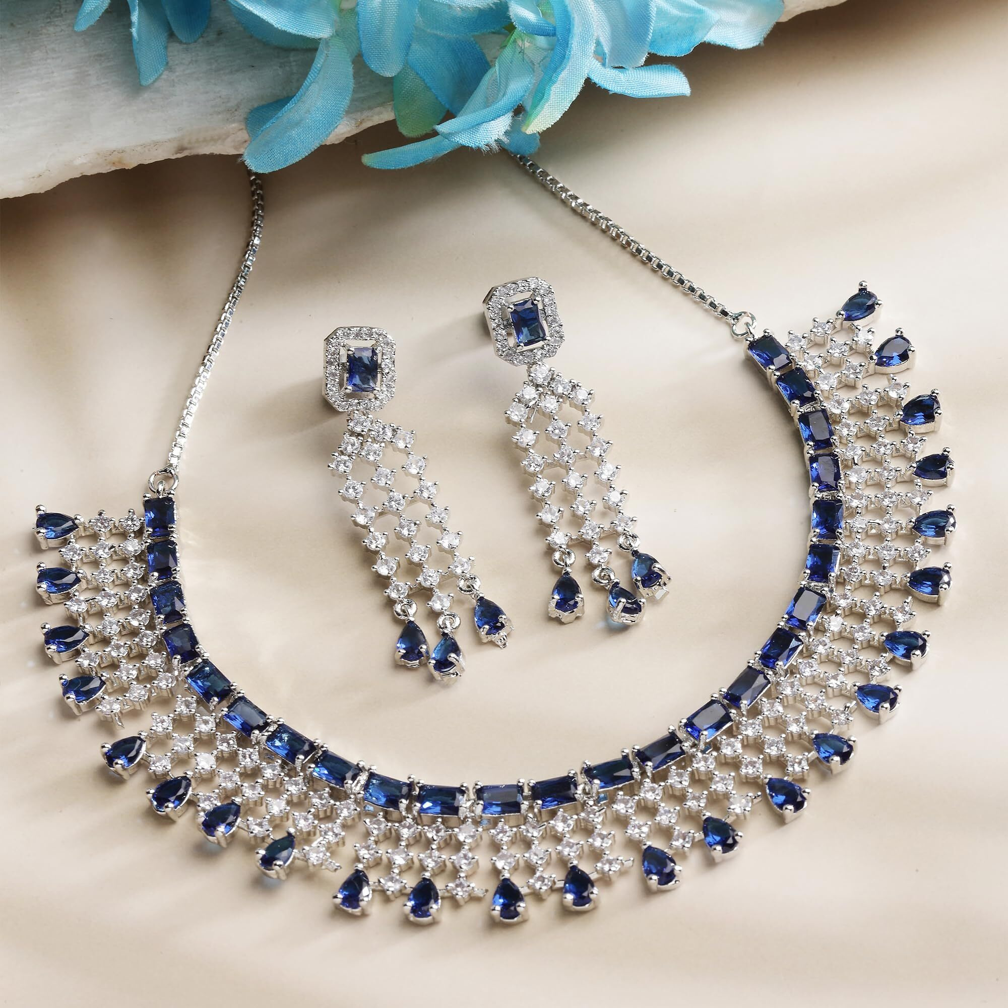 ZENEME Jewellery American Diamond Floral Design Choker Necklace Set With Earring For Women and Girls (Blue Rhodium)