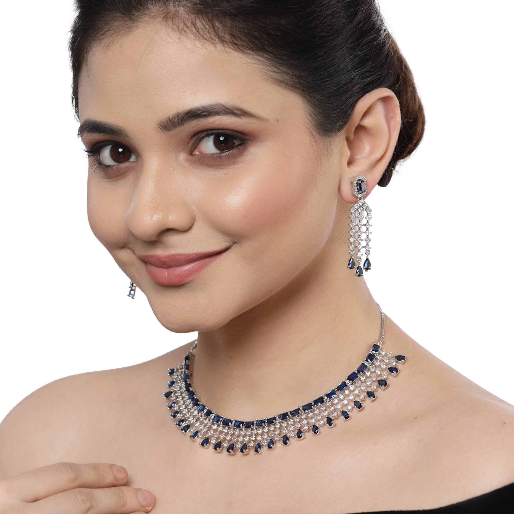 ZENEME Jewellery American Diamond Floral Design Choker Necklace Set With Earring For Women and Girls (Blue Rhodium)