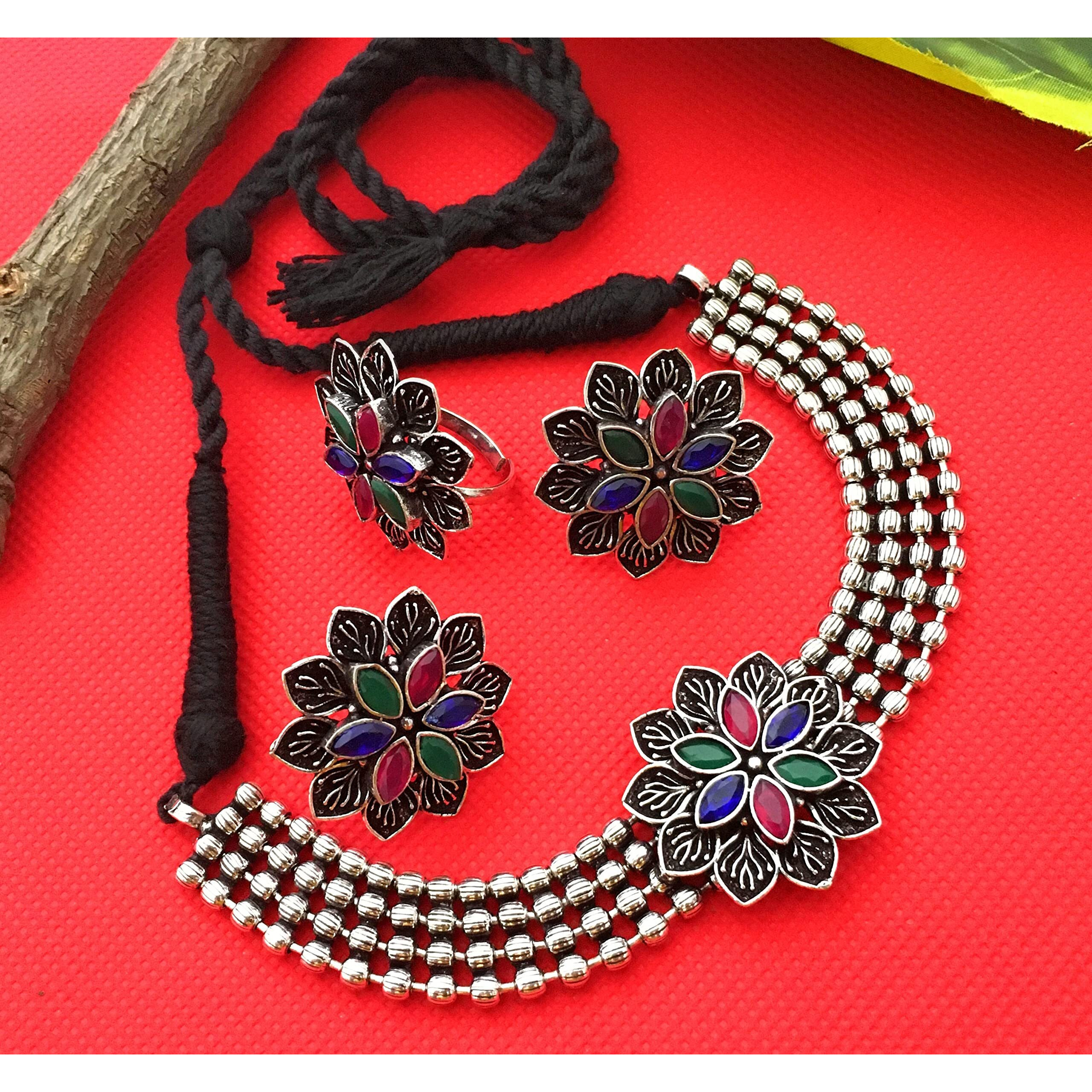 Sasitrends Oxidized German Silver Combo Choker Set with Ring For Women and Girls