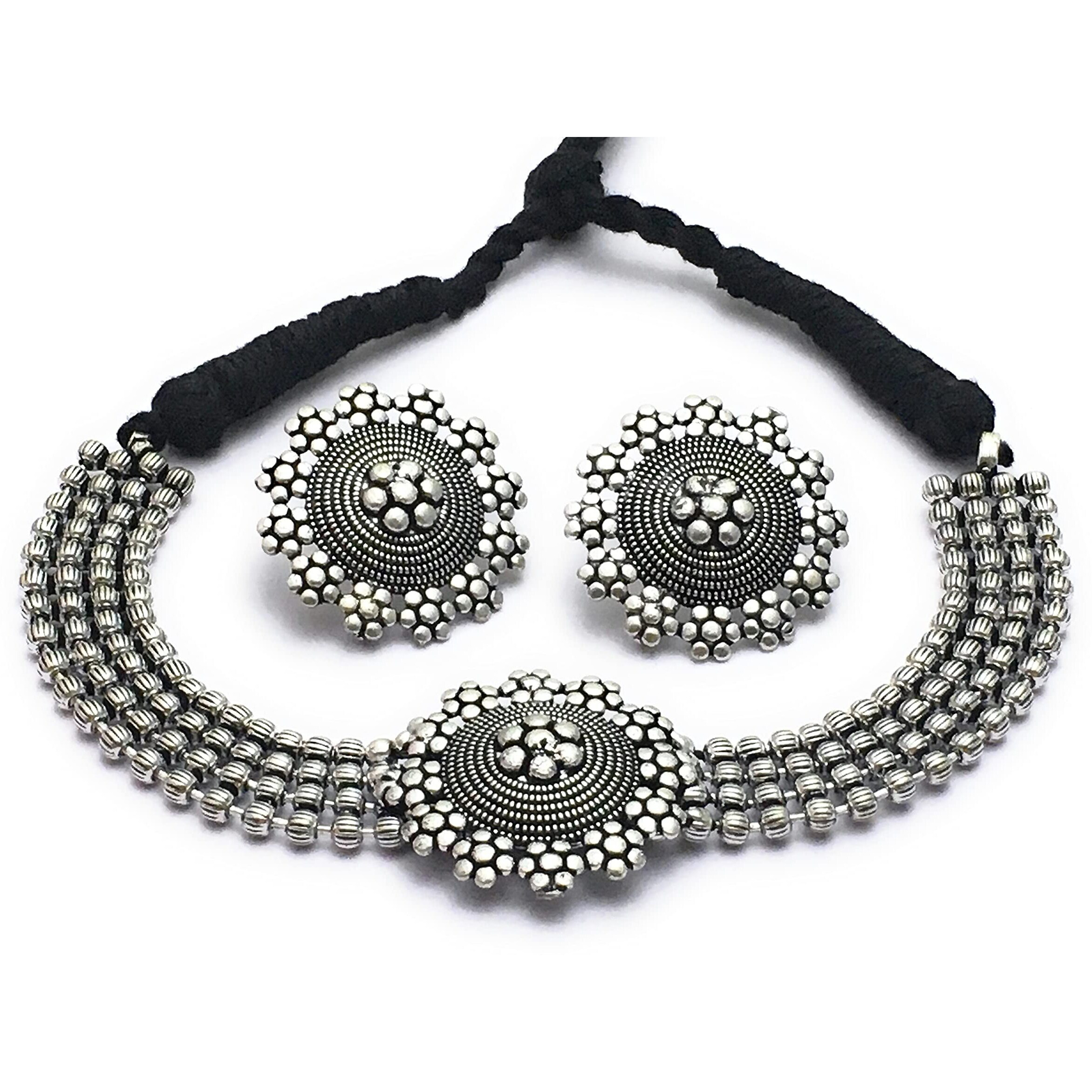 Sasitrends Oxidized German Silver Choker Necklace With Earrings For Womens And Girls