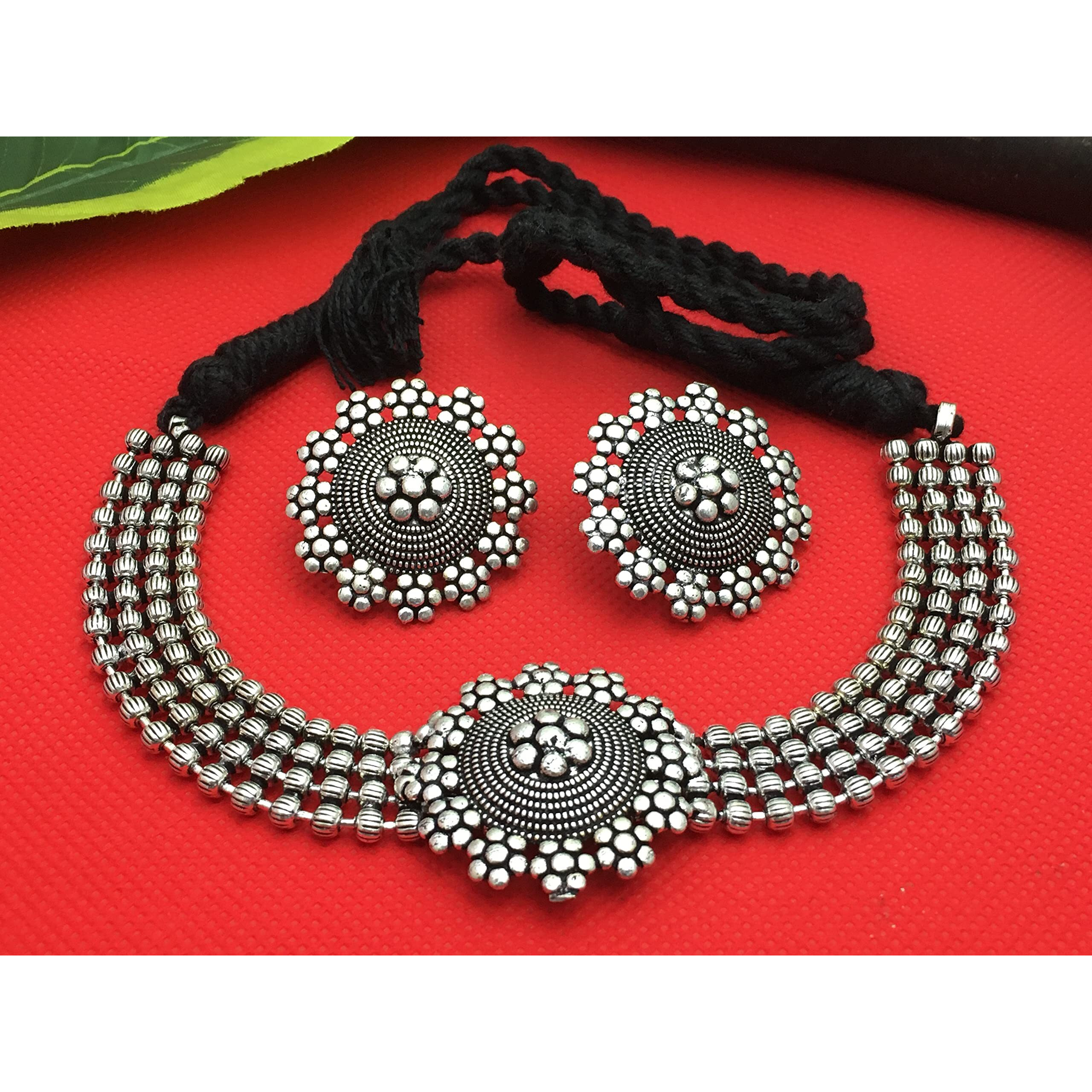 Sasitrends Oxidized German Silver Choker Necklace With Earrings For Womens And Girls