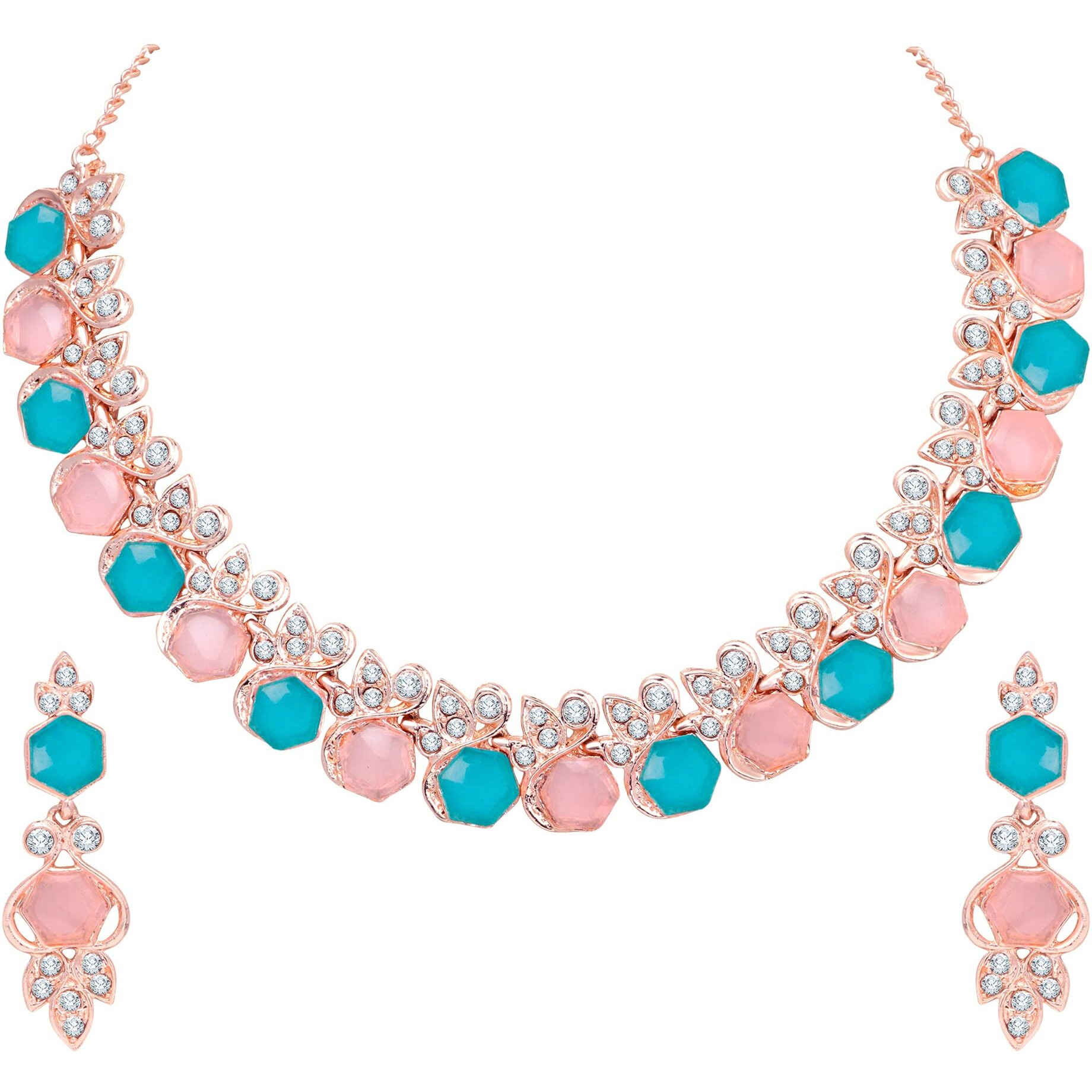 Atasi International Gold Plated Pink & Blue Crystal AD Diamond Womens Necklace Set | Jewellery Set With Earrings | MPB5766