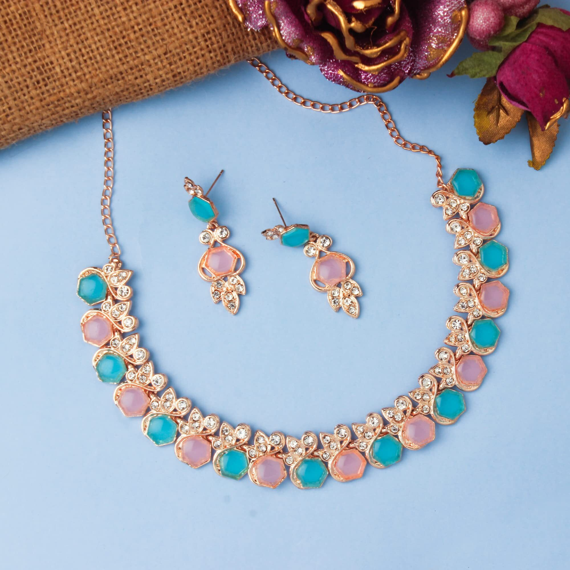 Atasi International Gold Plated Pink & Blue Crystal AD Diamond Womens Necklace Set | Jewellery Set With Earrings | MPB5766