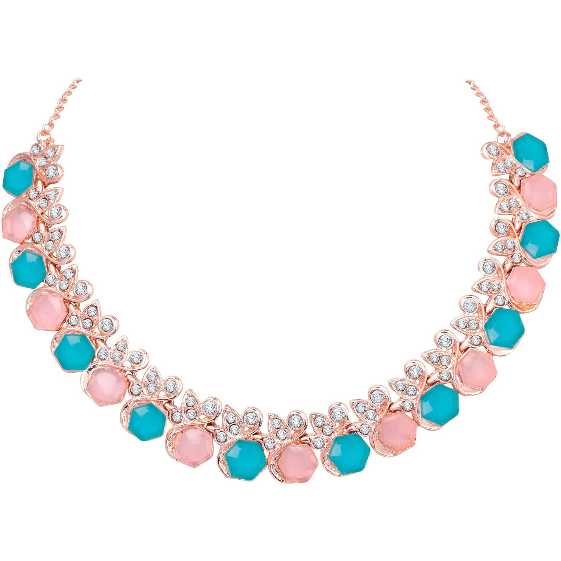 Atasi International Gold Plated Pink & Blue Crystal AD Diamond Womens Necklace Set | Jewellery Set With Earrings | MPB5766
