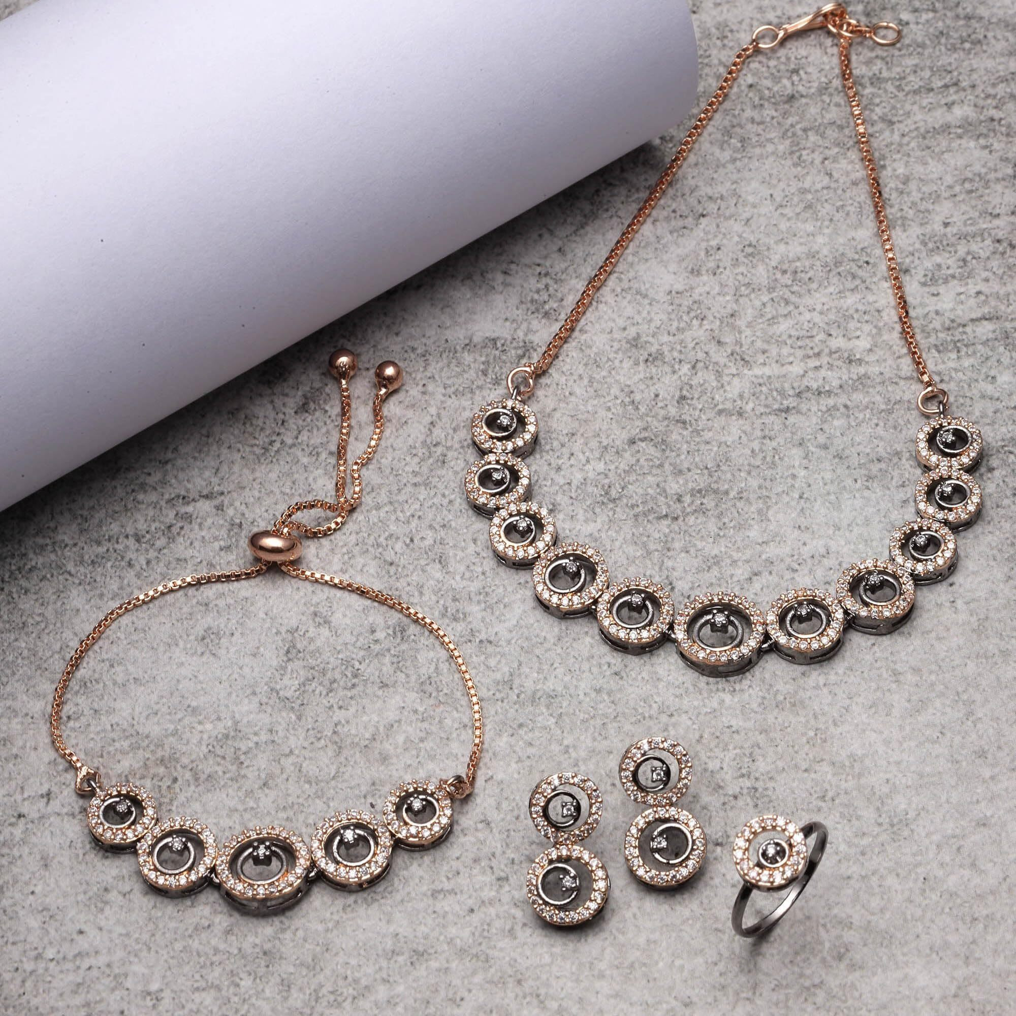 ZENEME Fashion Cubic Zirconia Gold Plated Choker Necklace Set Ring Bracelet With Earring Jewellery For Women Pack Of 4 (Rose Black)