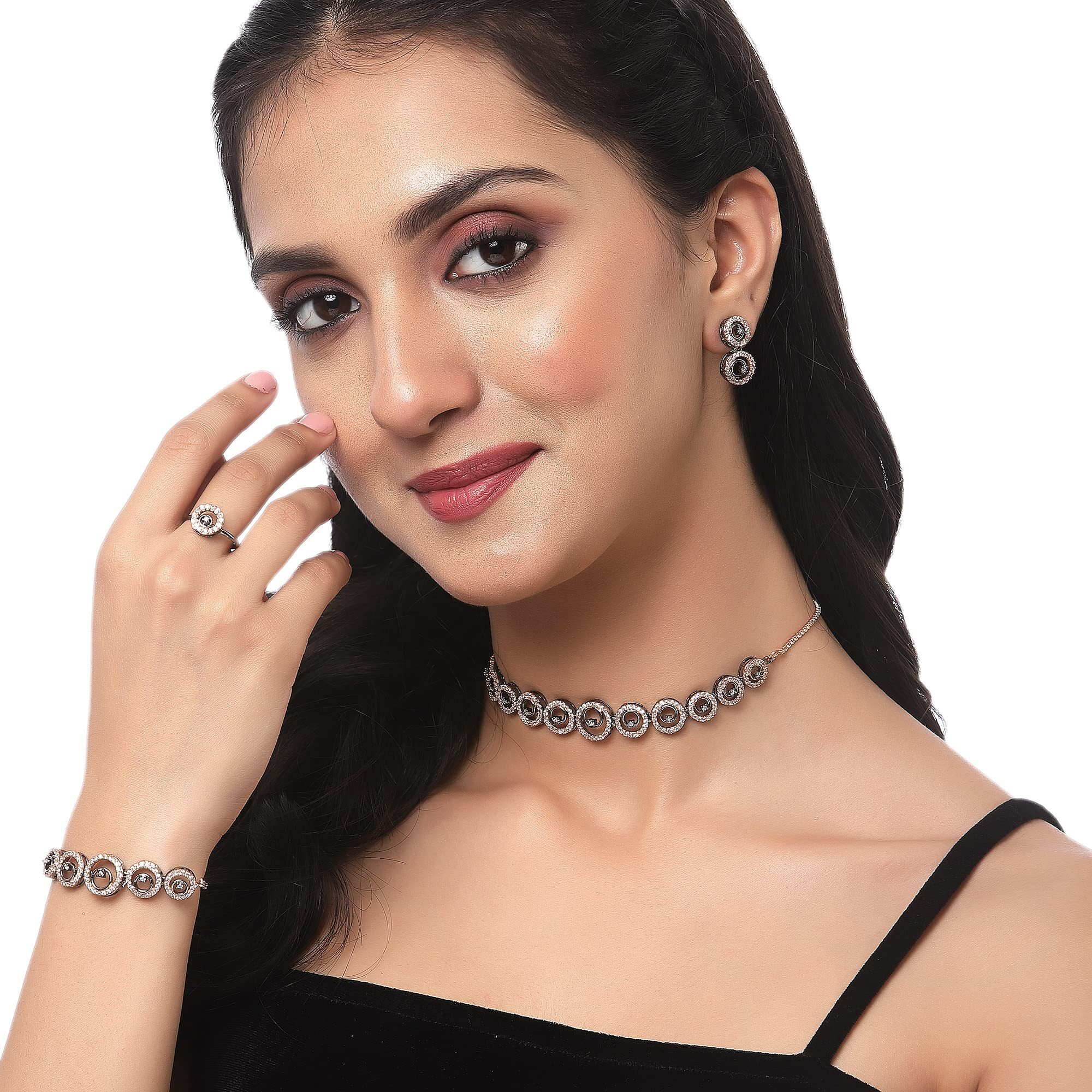 ZENEME Fashion Cubic Zirconia Gold Plated Choker Necklace Set Ring Bracelet With Earring Jewellery For Women Pack Of 4 (Rose Black)