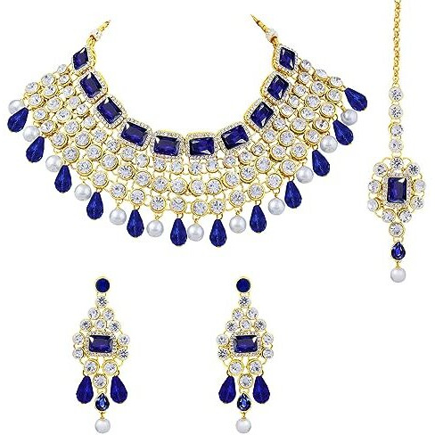 Peora Crystal Choker Necklace with Maang Tikka Earrings Indian Traditional Bridal Wedding Jewellery Set for Women Girls