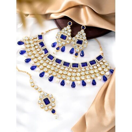Peora Crystal Choker Necklace with Maang Tikka Earrings Indian Traditional Bridal Wedding Jewellery Set for Women Girls