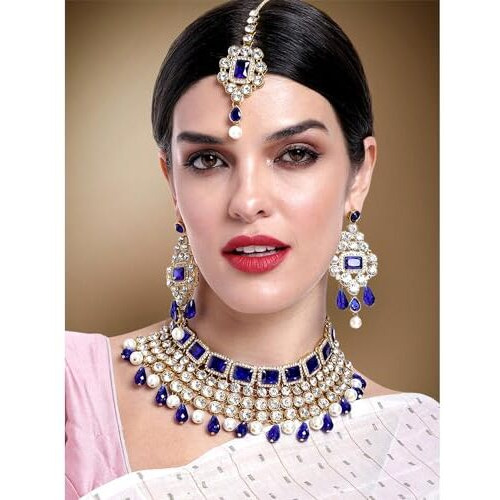 Peora Crystal Choker Necklace with Maang Tikka Earrings Indian Traditional Bridal Wedding Jewellery Set for Women Girls