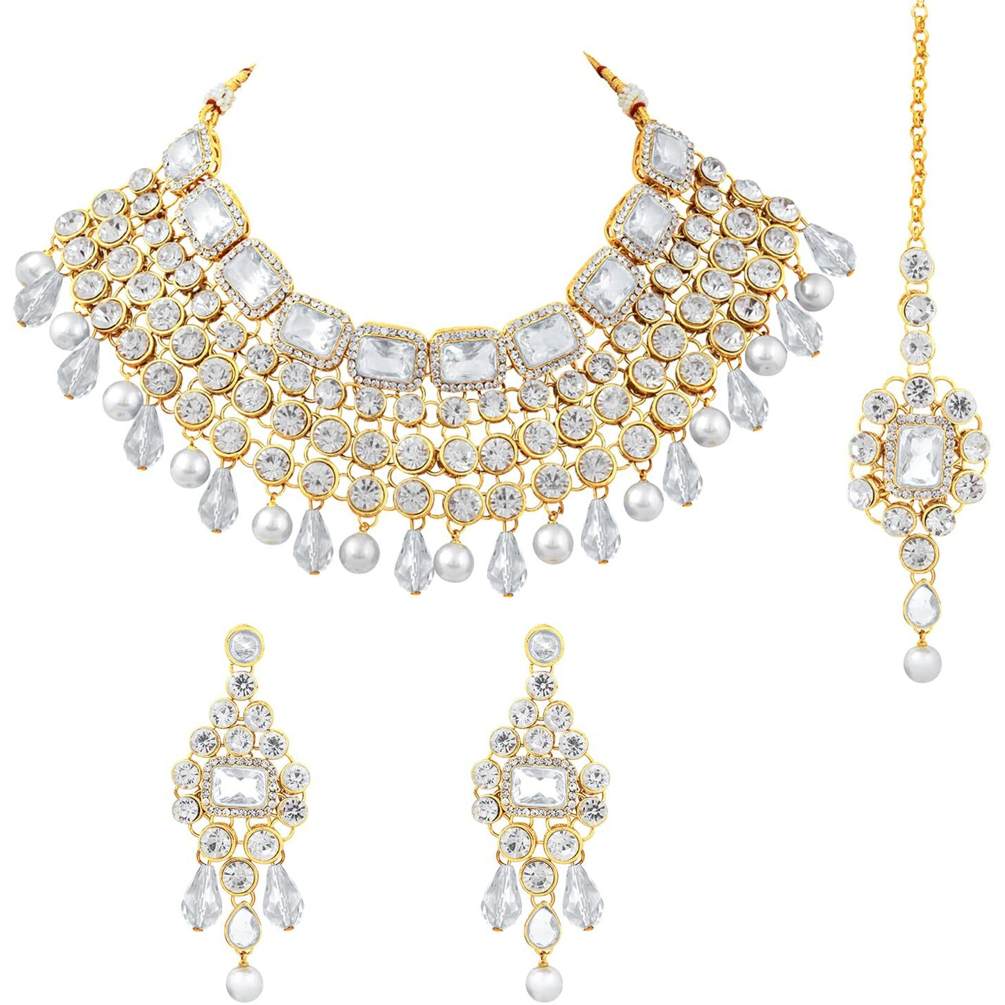 Peora Crystal Choker Necklace with Maang Tikka Earrings Indian Traditional Bridal Wedding Jewellery Set for Women