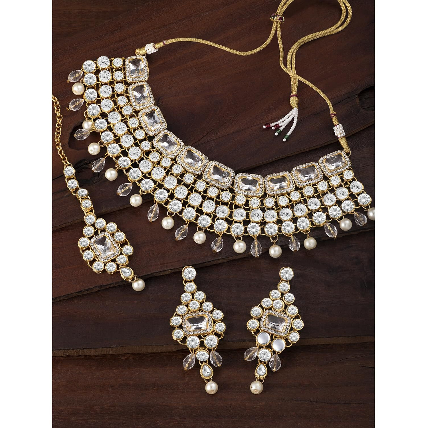 Peora Crystal Choker Necklace with Maang Tikka Earrings Indian Traditional Bridal Wedding Jewellery Set for Women