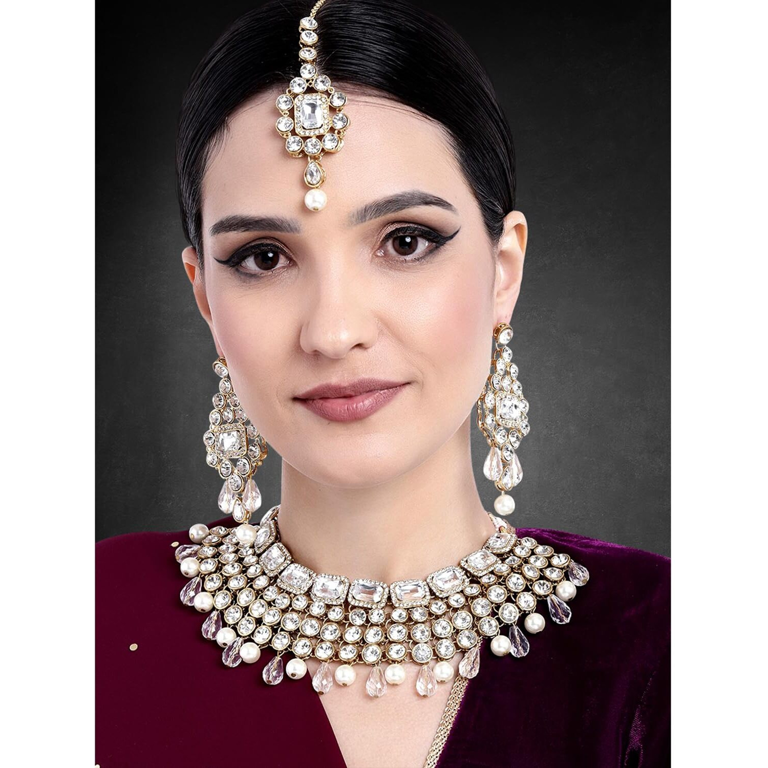 Peora Crystal Choker Necklace with Maang Tikka Earrings Indian Traditional Bridal Wedding Jewellery Set for Women