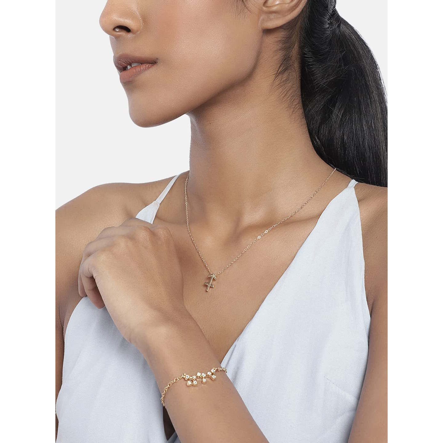 Peora Sagittarius Horoscope Zodiac Sign Constellations Pendant Necklace & Bracelet Combo Set Jewellery for Women (Golden)