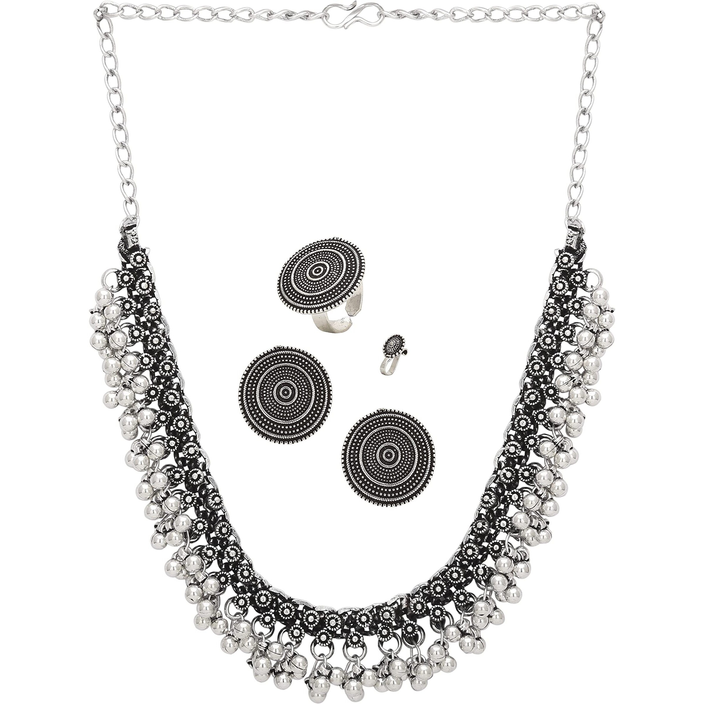 Sasitrends Oxidized German Silver Choker Necklace, Earrings With Nose Pin and Ring Combo Set for Women and Girls