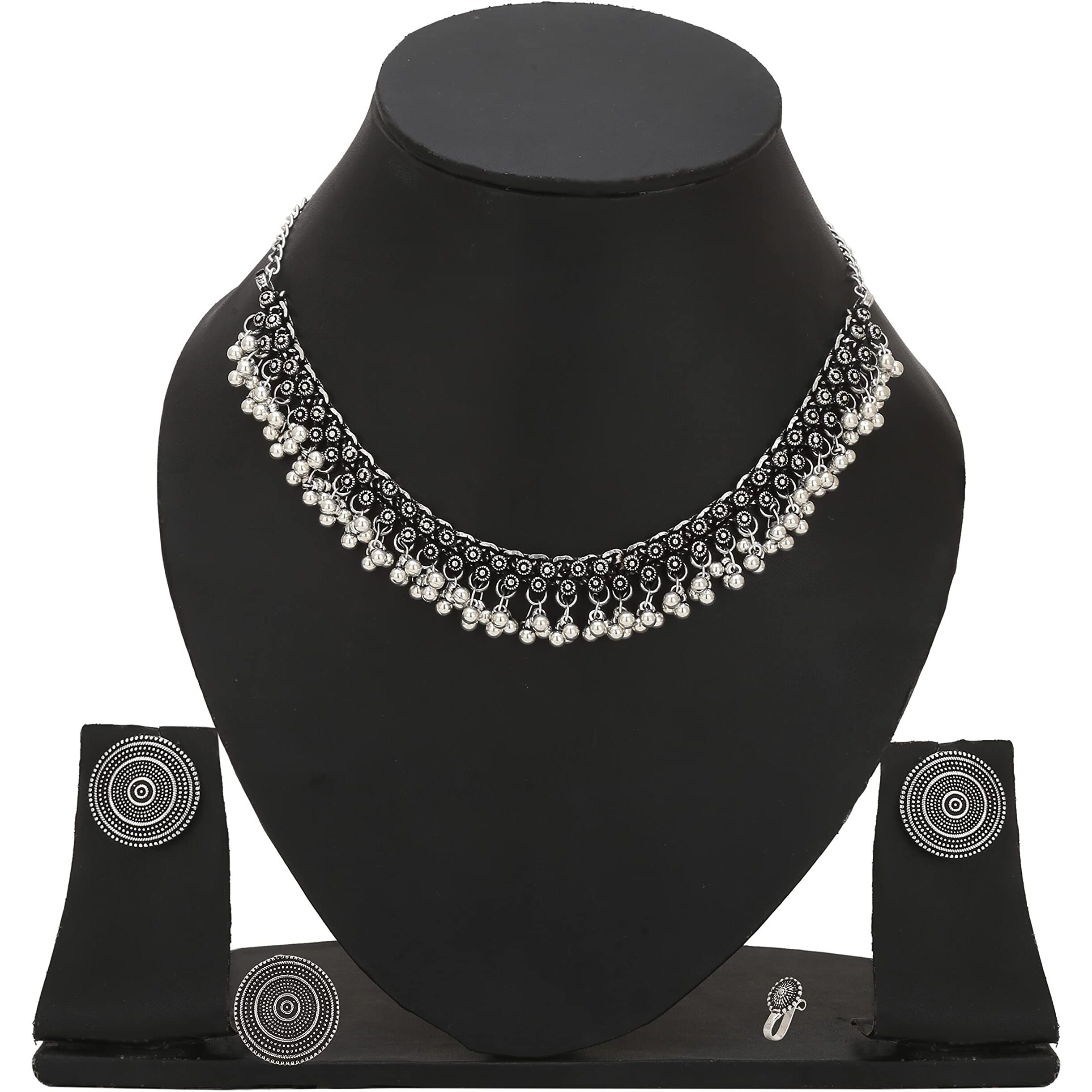 Sasitrends Oxidized German Silver Choker Necklace, Earrings With Nose Pin and Ring Combo Set for Women and Girls